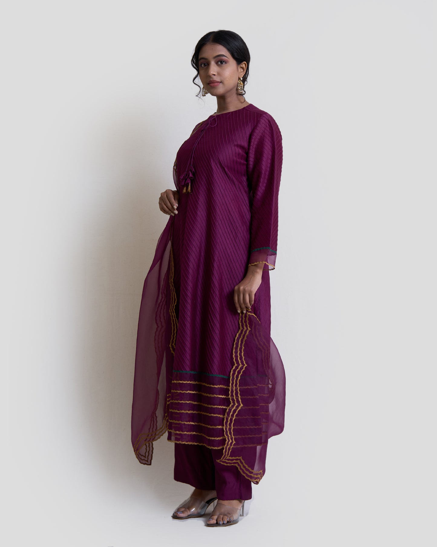 Wine Pintuck Straight Kurta Set