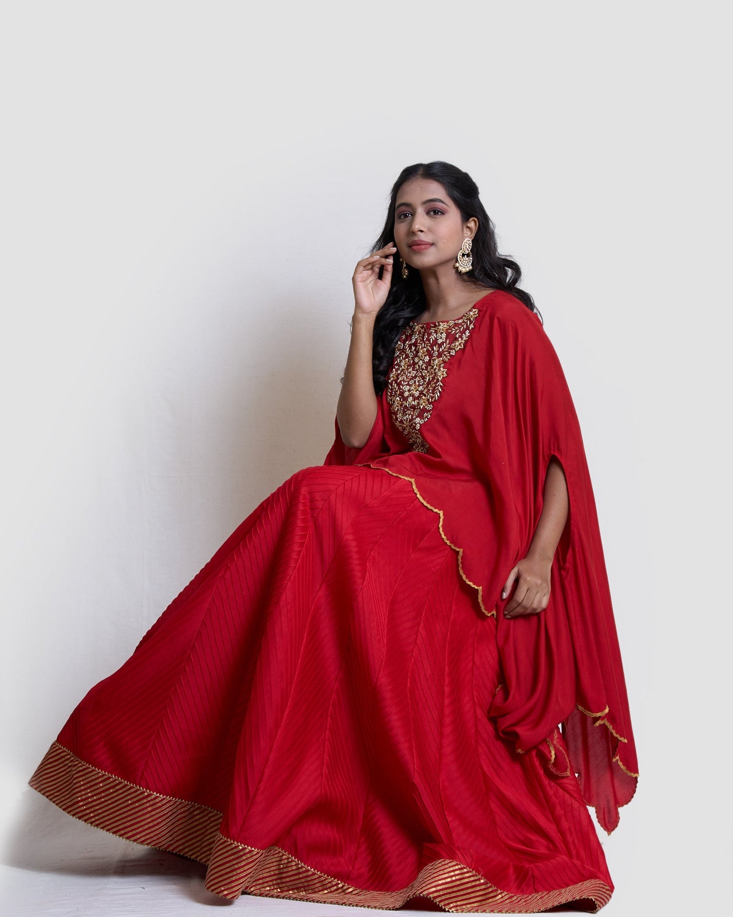 Red pintucks lehanga with cape set