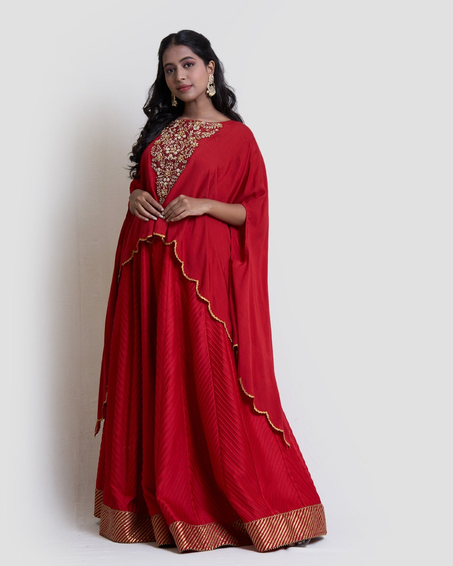 Red pintucks lehanga with cape set