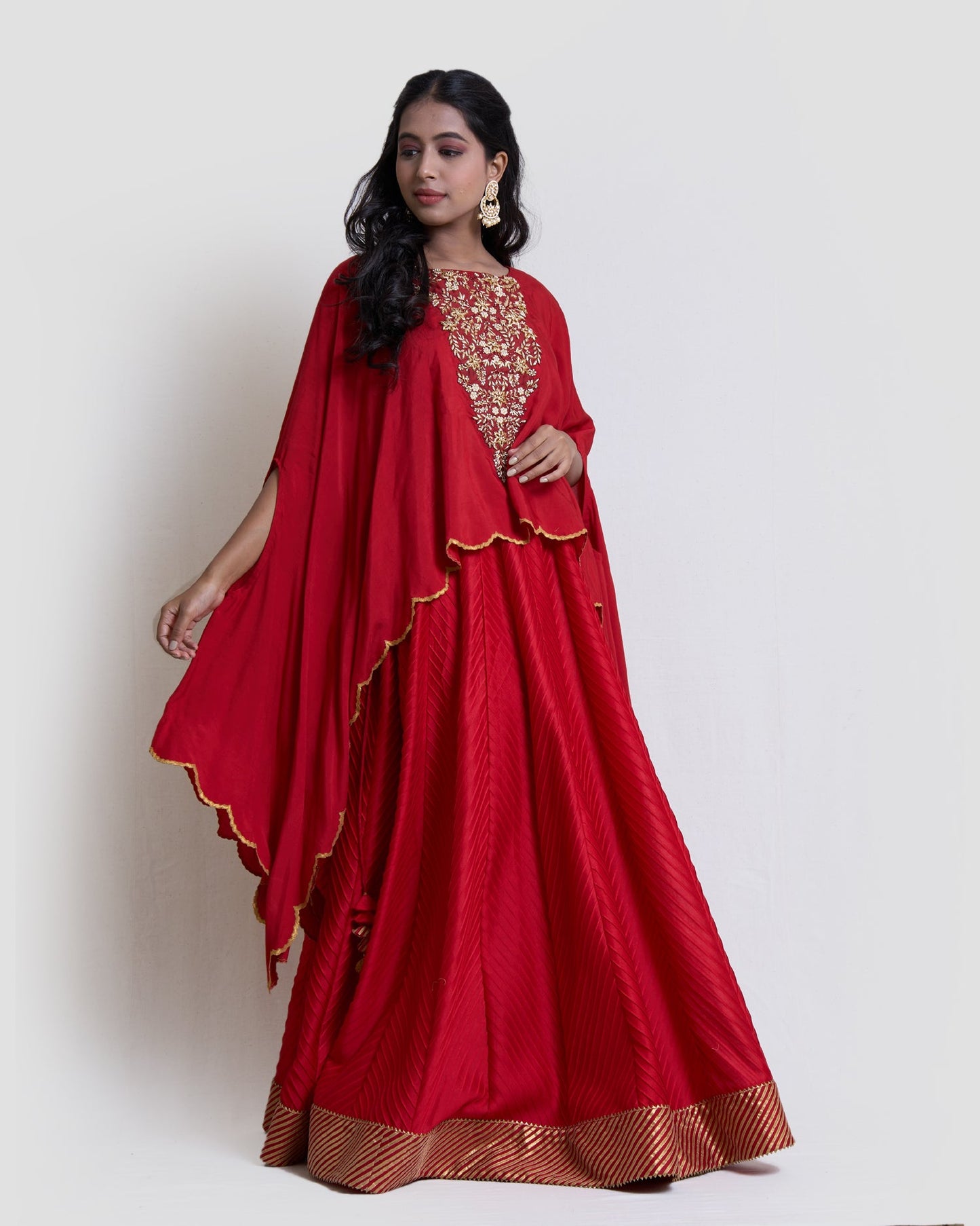 Red pintucks lehanga with cape set