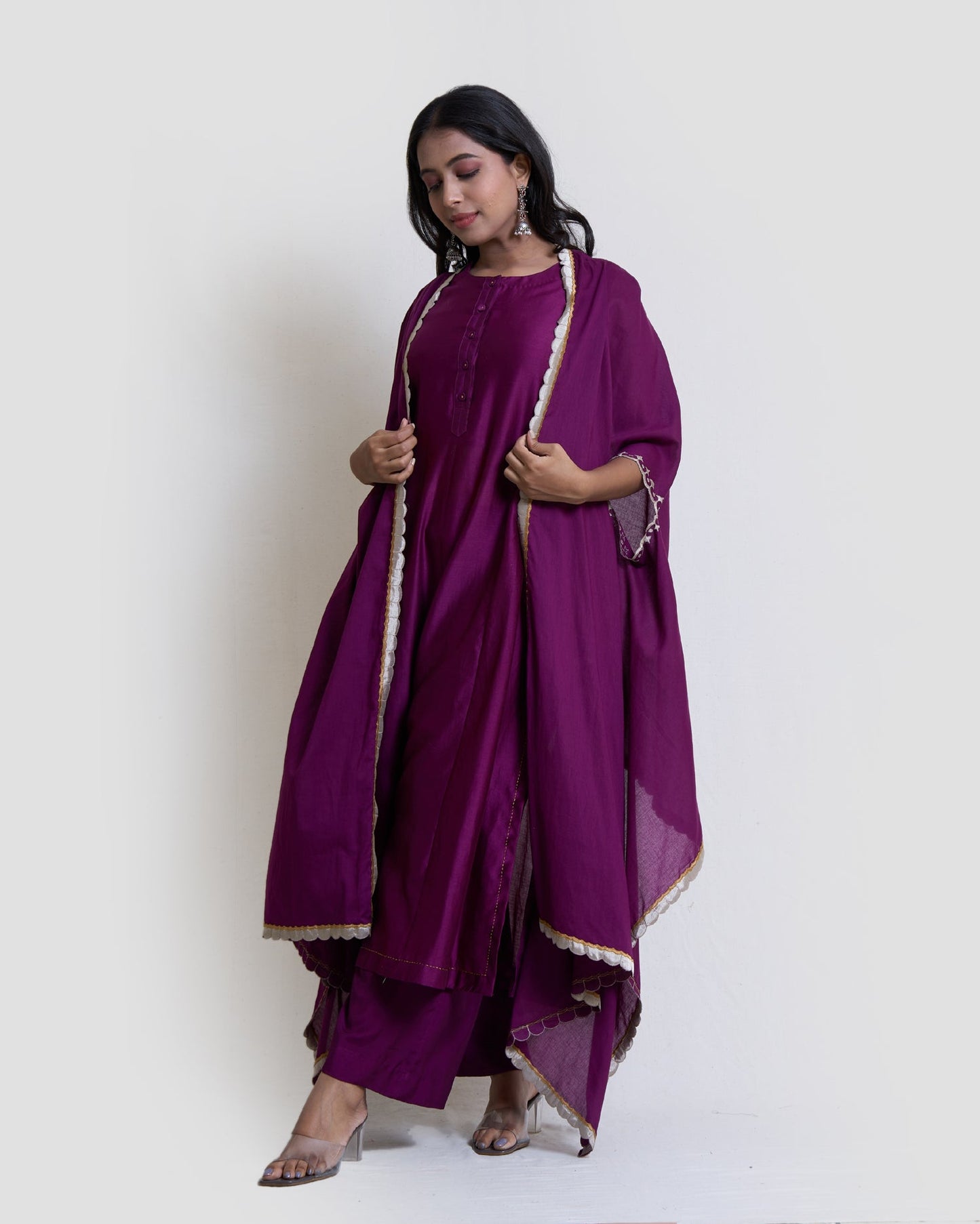 Wine chanderi cape set