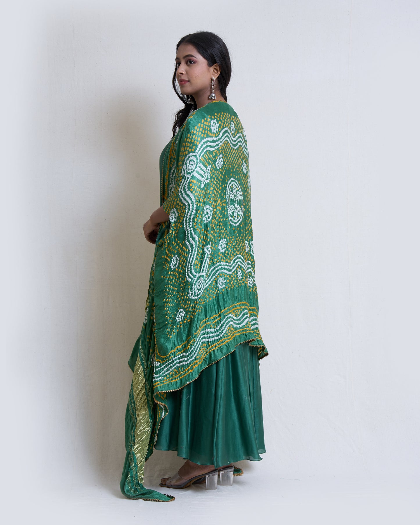 Green Kalidar with Gajji Silk Bandhni Cape