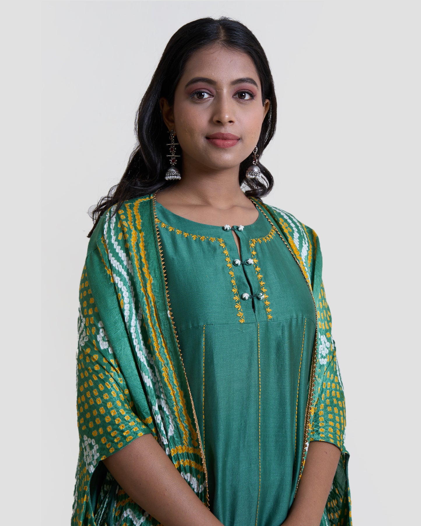 Green Kalidar with Gajji Silk Bandhni Cape