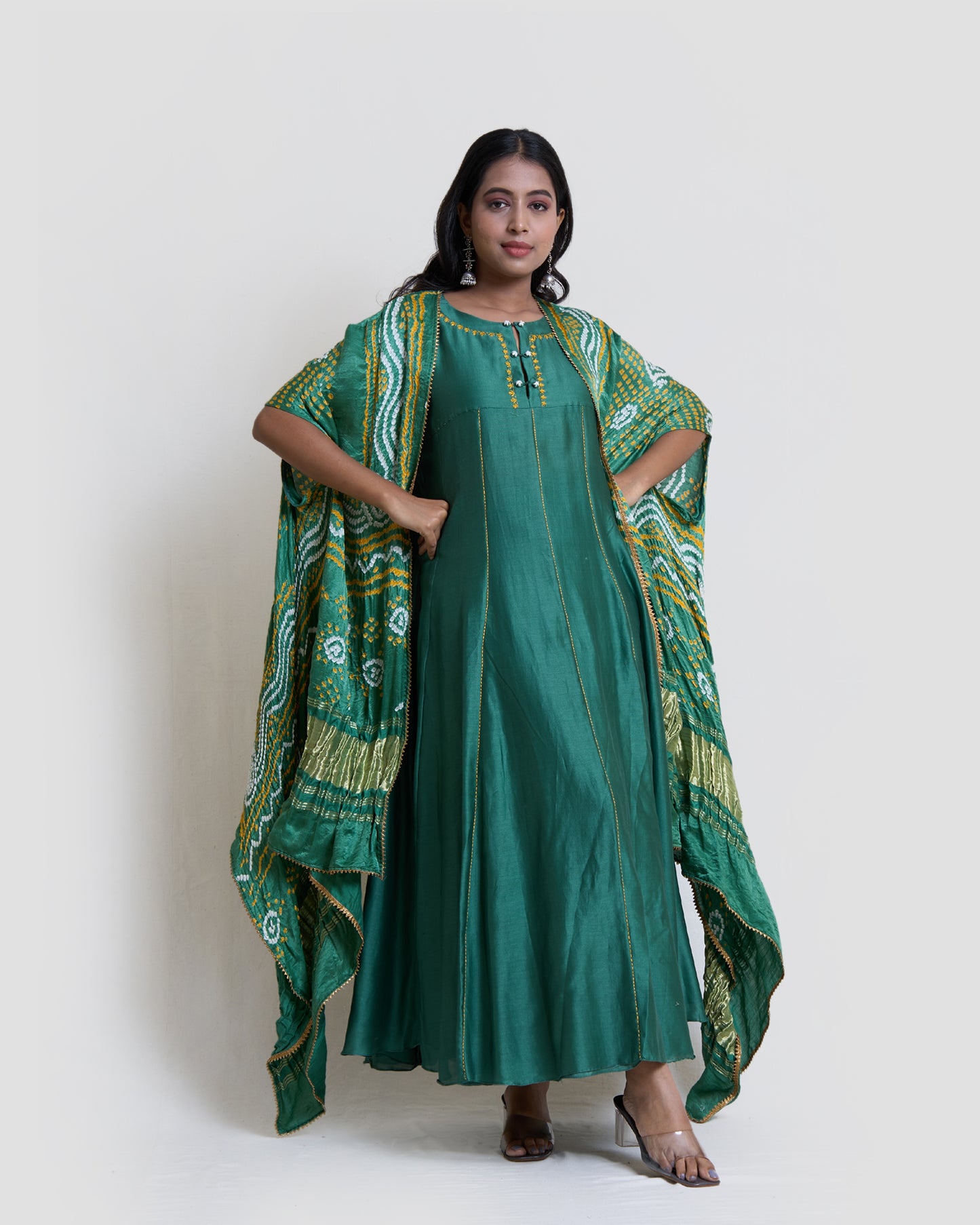 Green Kalidar with Gajji Silk Bandhni Cape