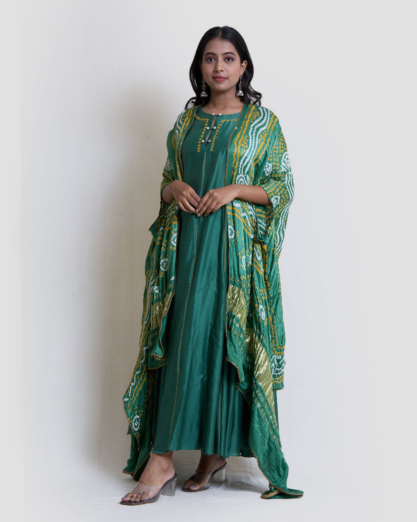 Green Kalidar with Gajji Silk Bandhni Cape