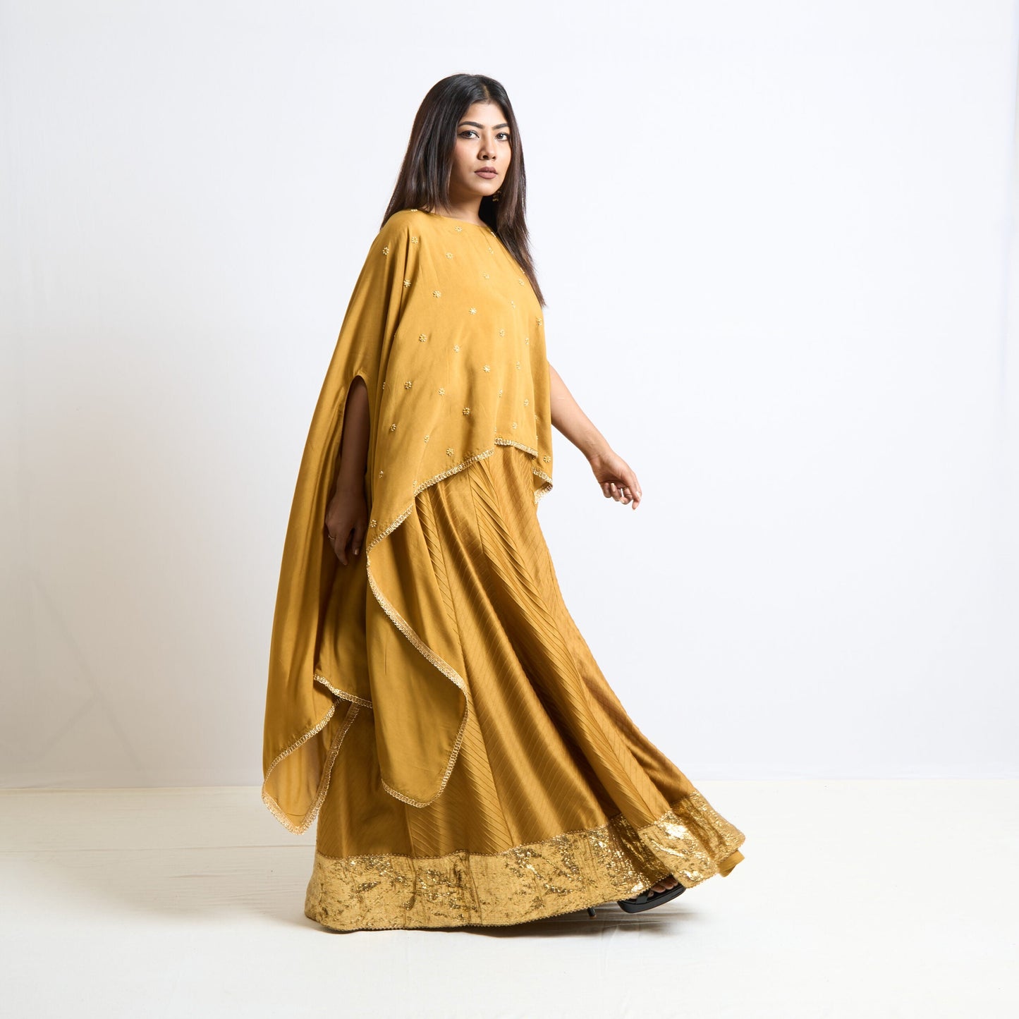 Mustard yellow pintucks skirt set