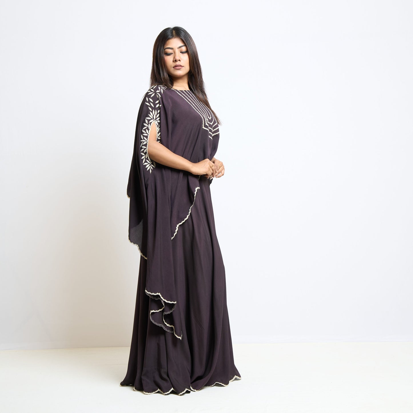 Blackish wine flared divided skirt and cape set