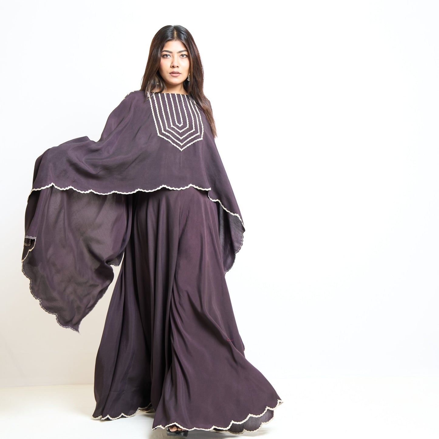 Blackish wine flared divided skirt and cape set