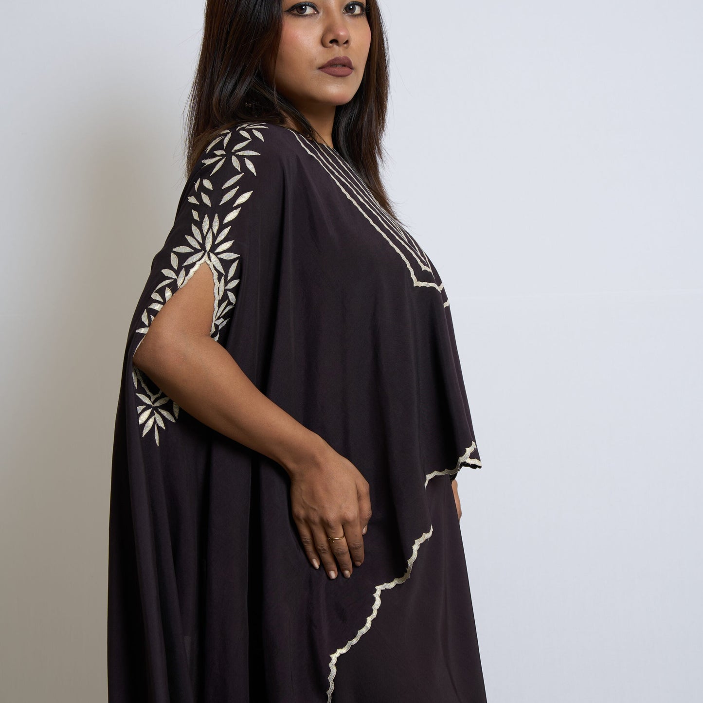 Blackish wine flared divided skirt and cape set