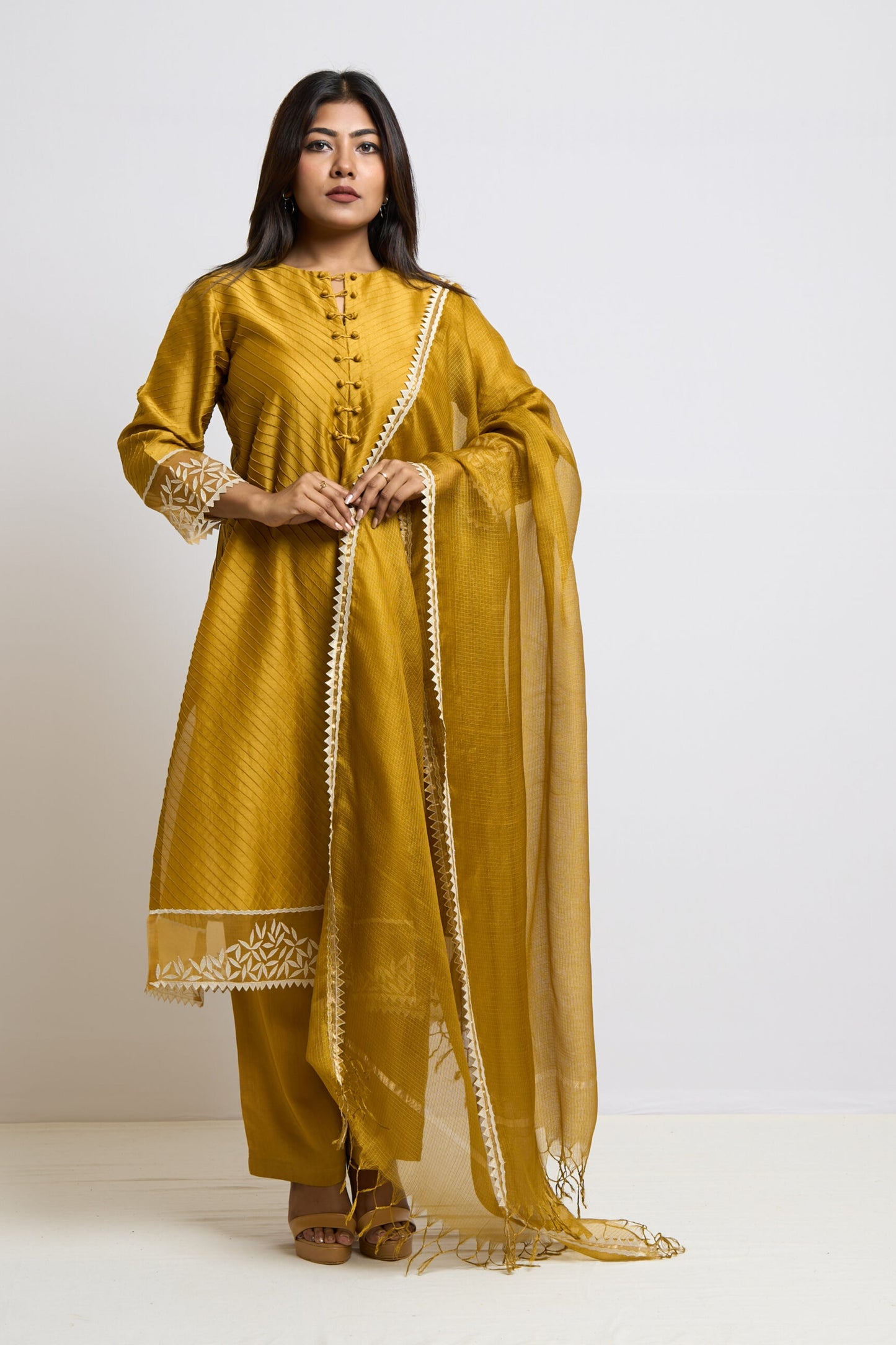 Mustard Yellow Chanderi Pintucks Kurta Set