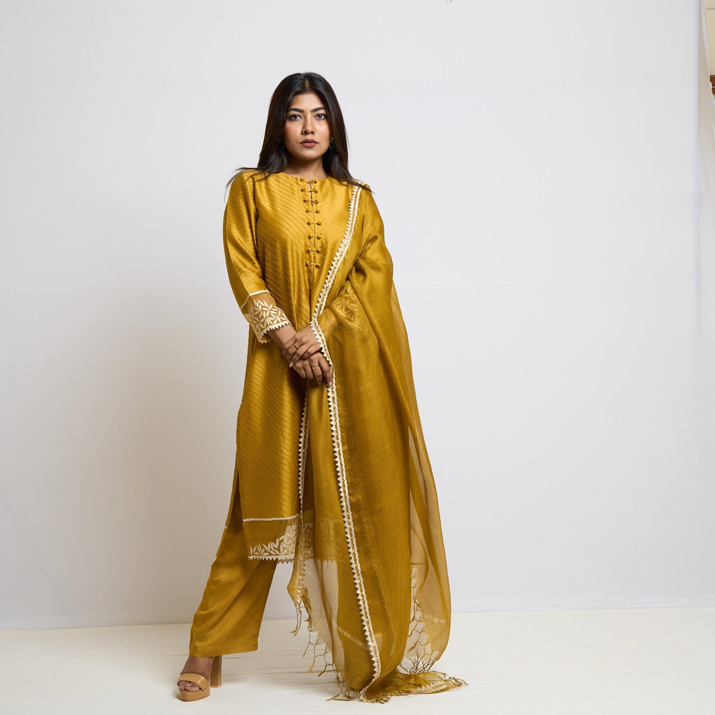 Mustard Yellow Chanderi Pintucks Kurta Set