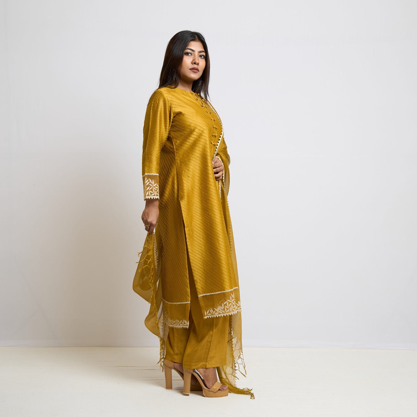 Mustard Yellow Chanderi Pintucks Kurta Set