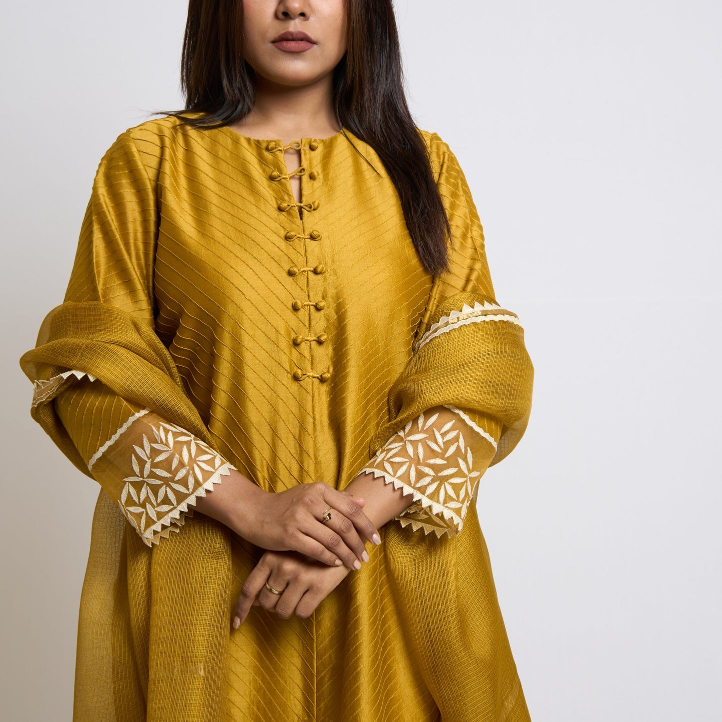 Mustard Yellow Chanderi Pintucks Kurta Set