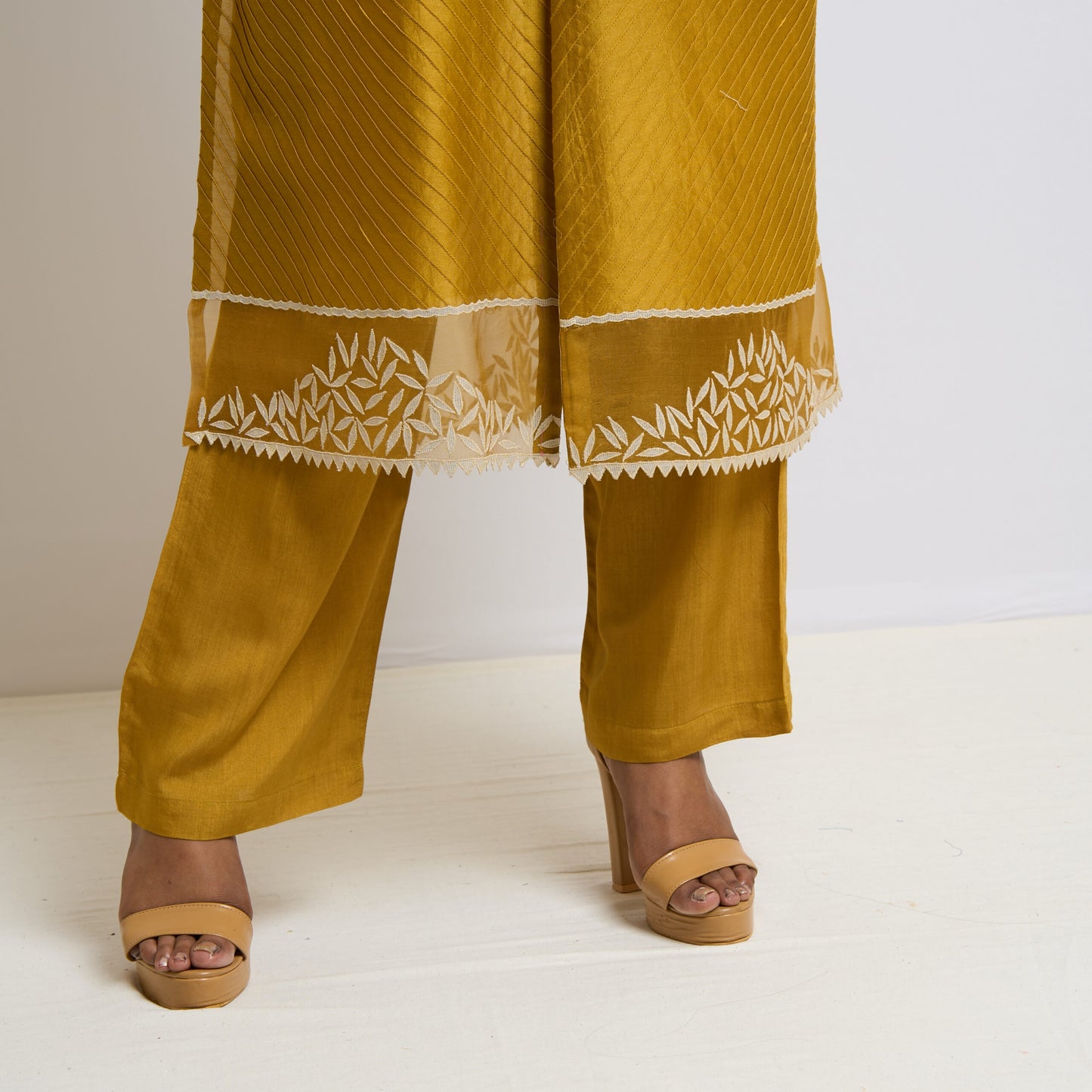 Mustard Yellow Chanderi Pintucks Kurta Set