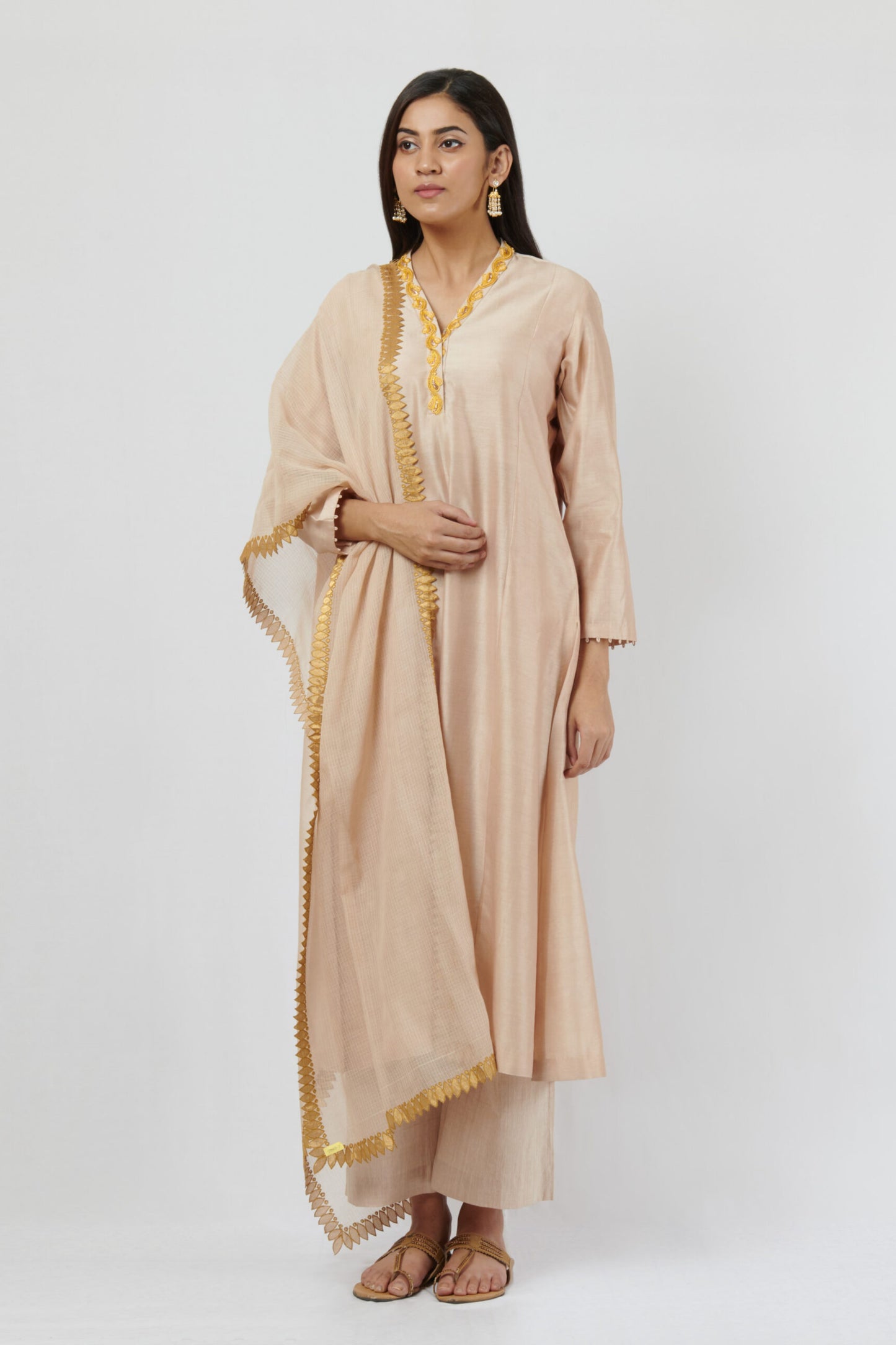 Beige and Gold Kurta with Pants and Dupatta Set