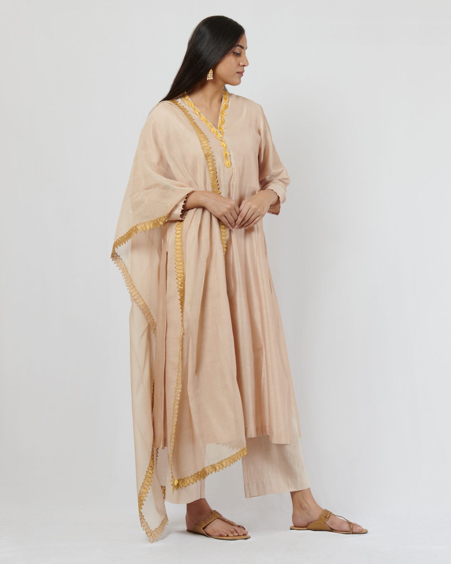 Beige and gold kurta with pants and dupatta set