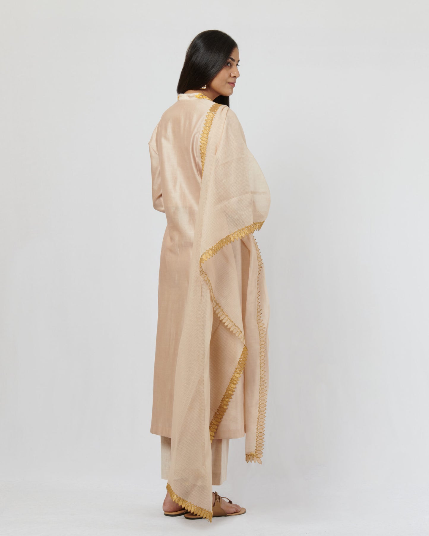 Beige and gold kurta with pants and dupatta set