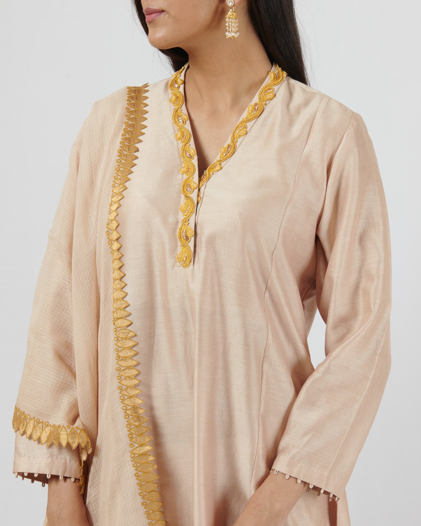 Beige and gold kurta with pants and dupatta set
