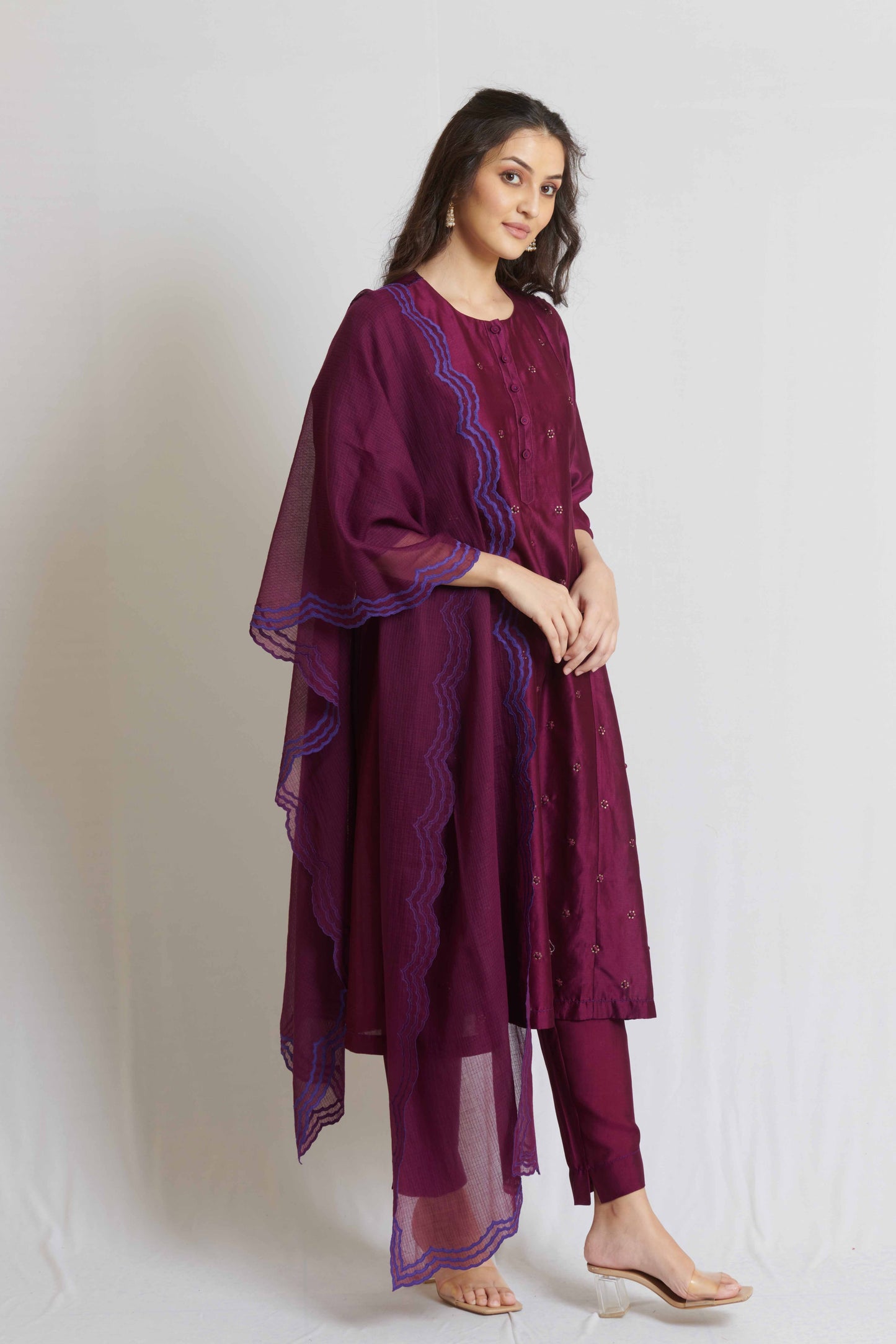 Wine Chanderi Kurta Set