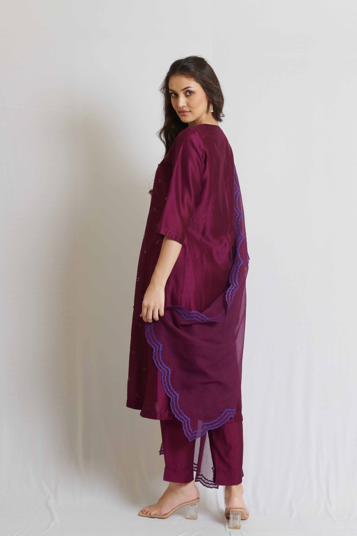 Wine Chanderi Kurta Set