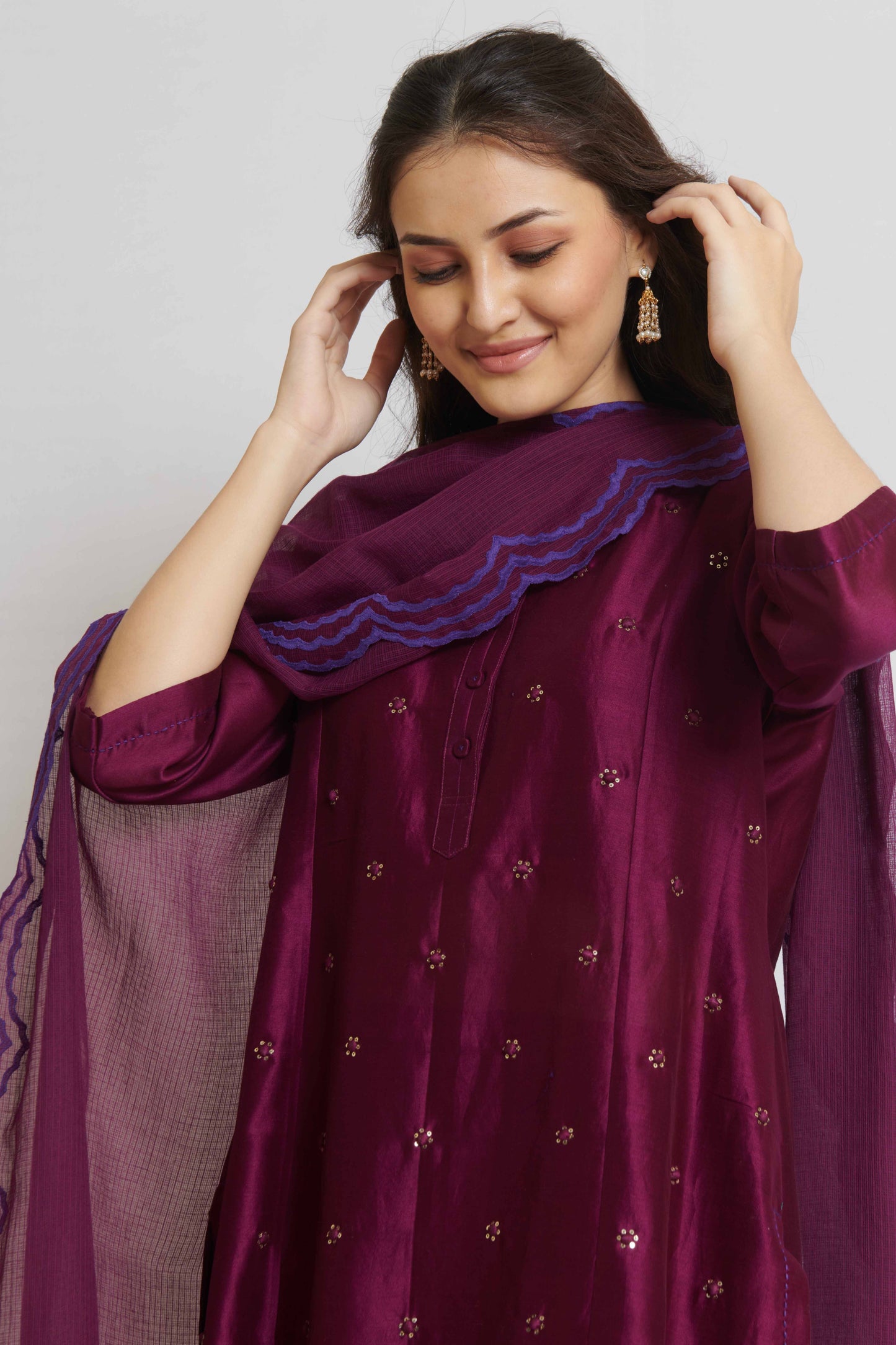 Wine Chanderi Kurta Set