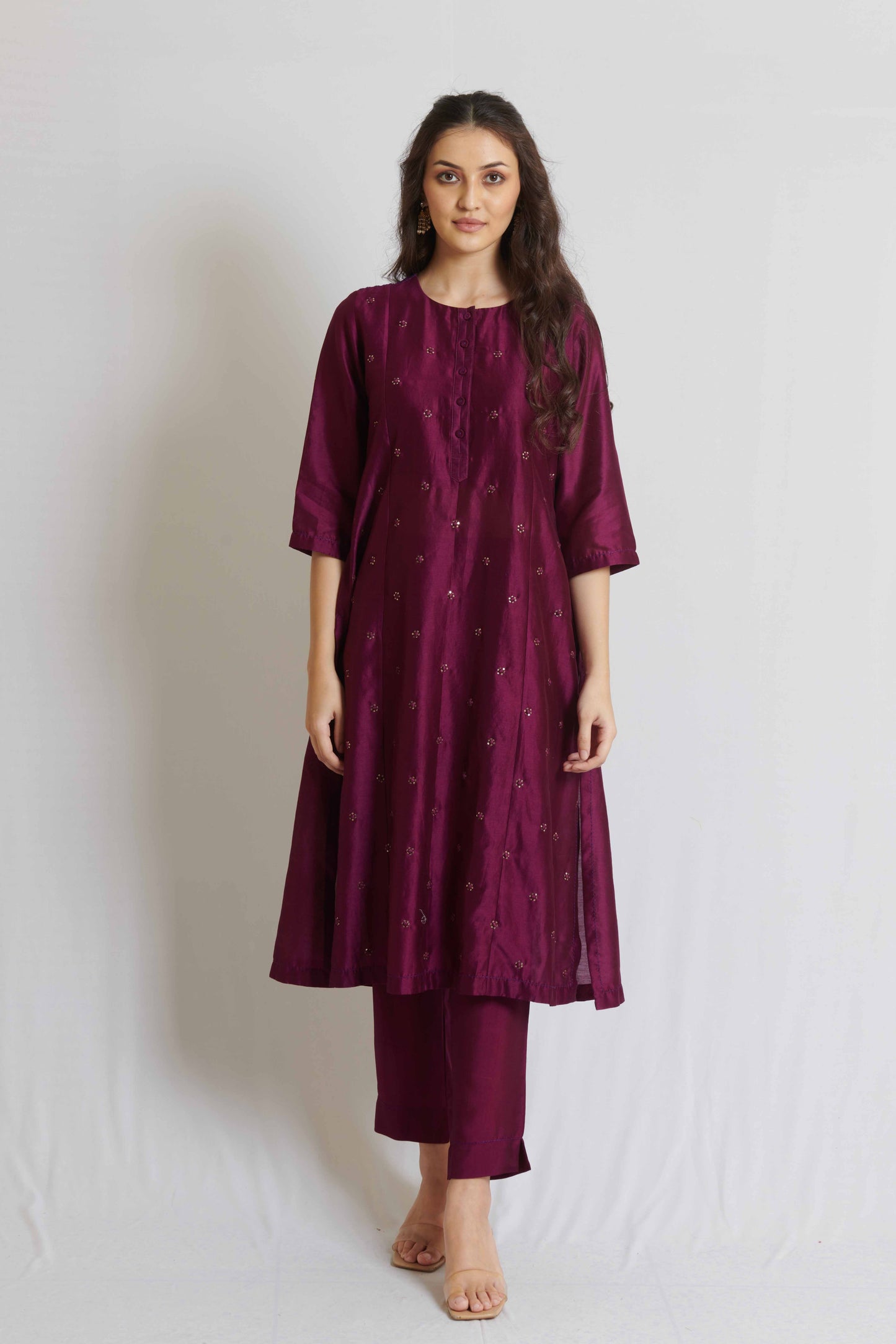 Wine Chanderi Kurta Set