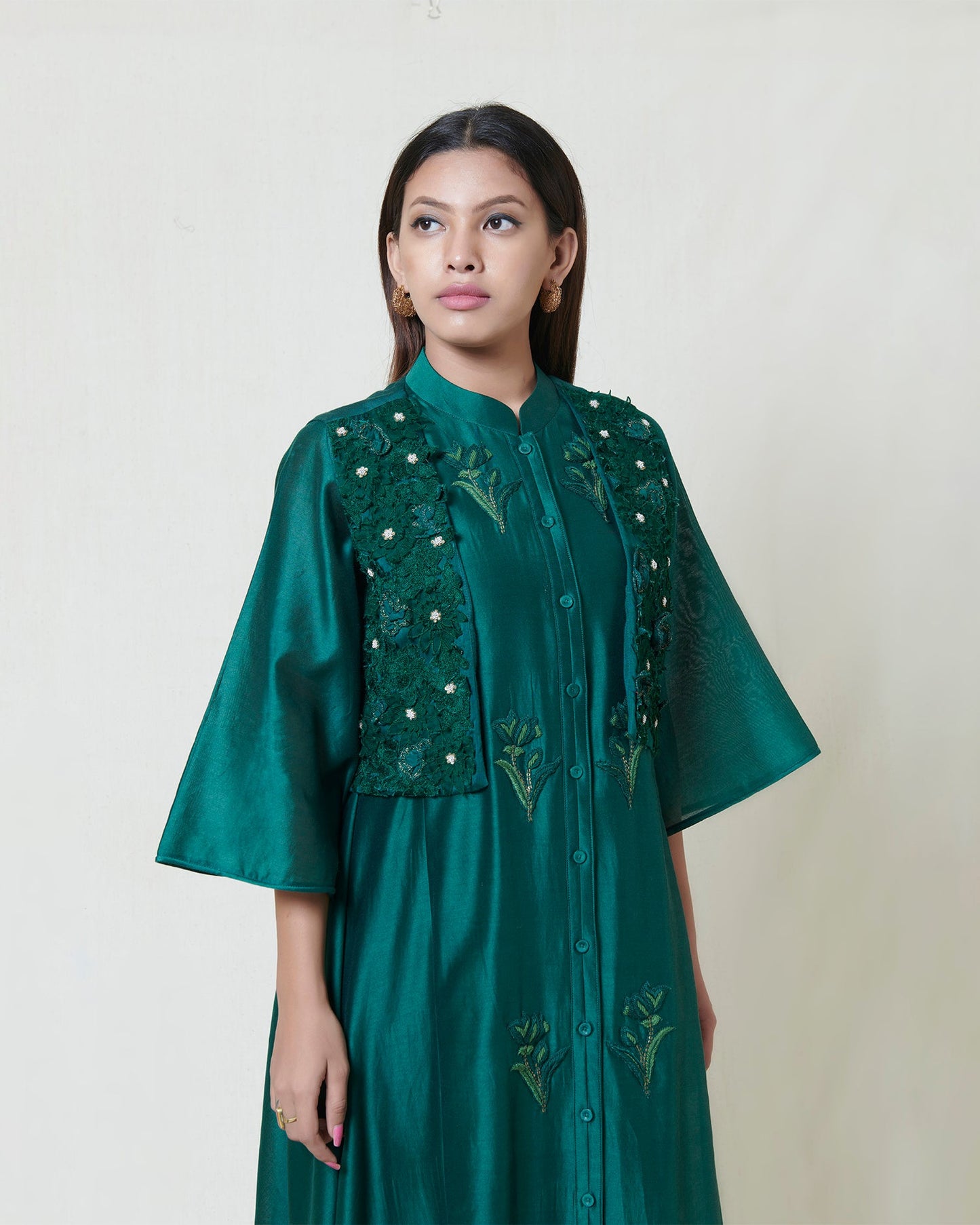 Bottle green kurta jacket set