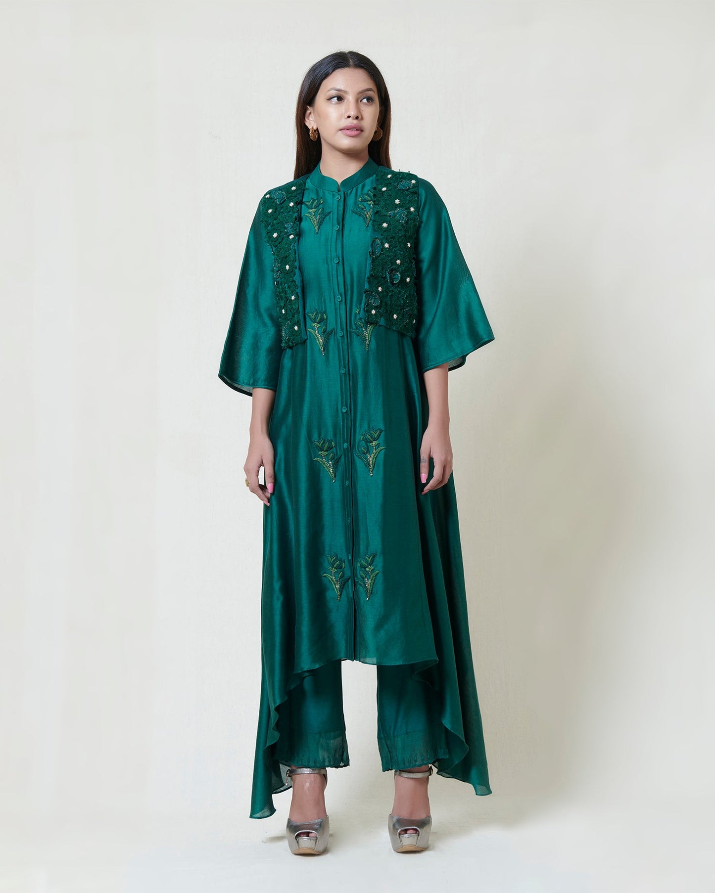 Bottle green kurta jacket set