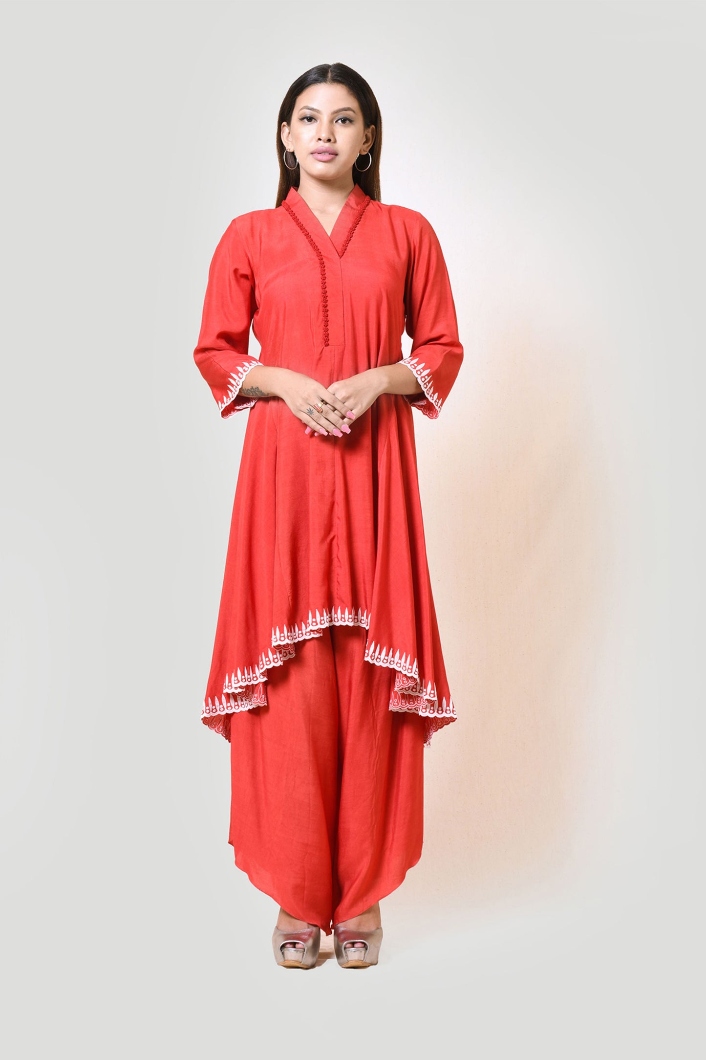 Red Tunic with Drape Pants Set
