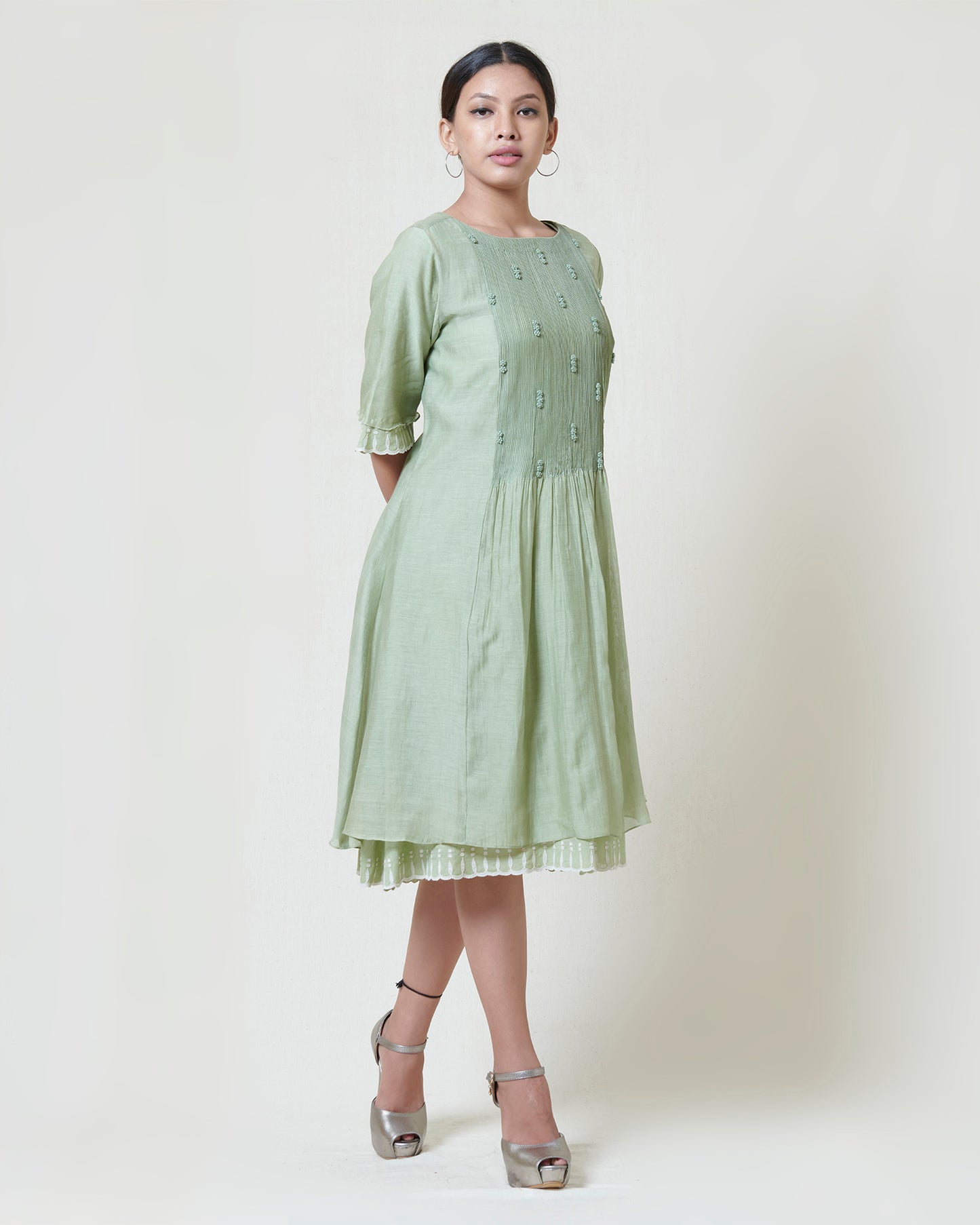 Soft Mint Kora Chanderi Layered Dress