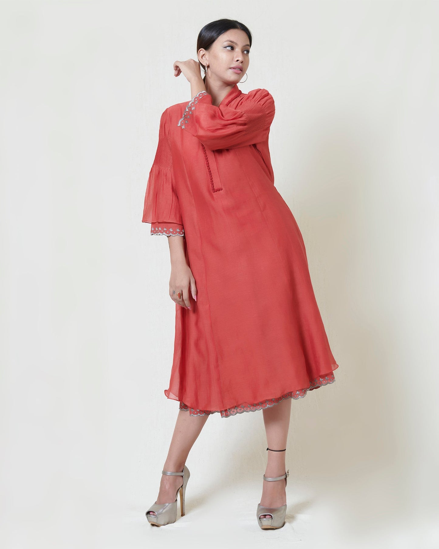 Chilli red kora chanderi layered dress