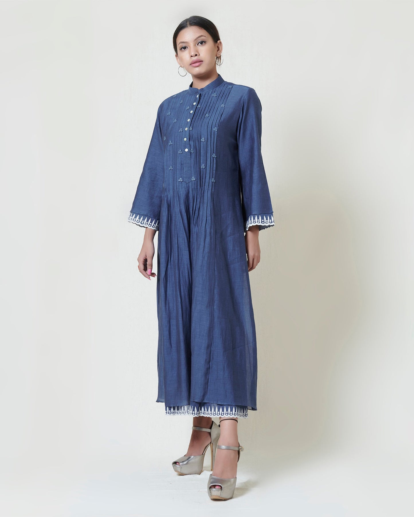 Indigo blue kora chanderi layered long dress