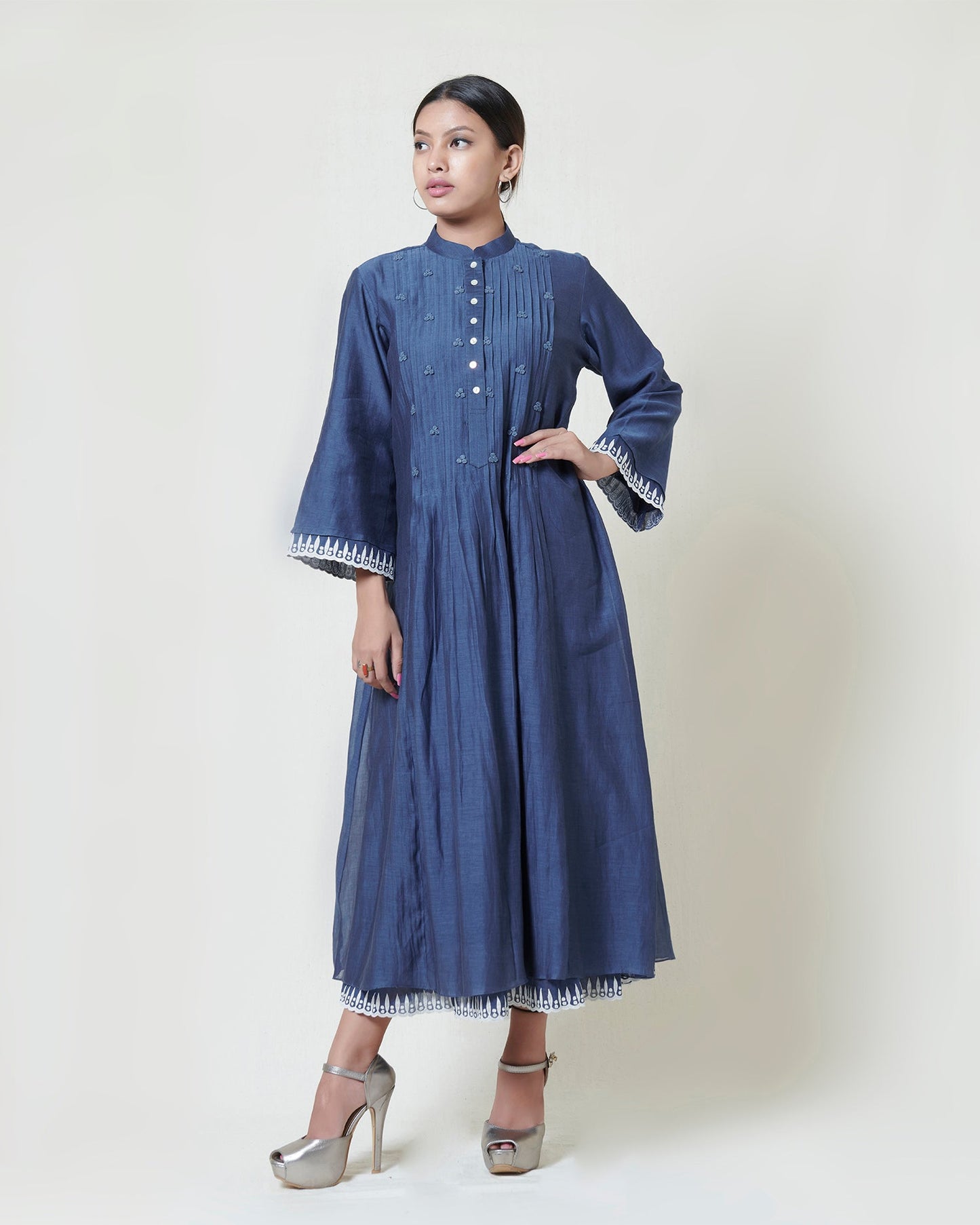Indigo blue kora chanderi layered long dress
