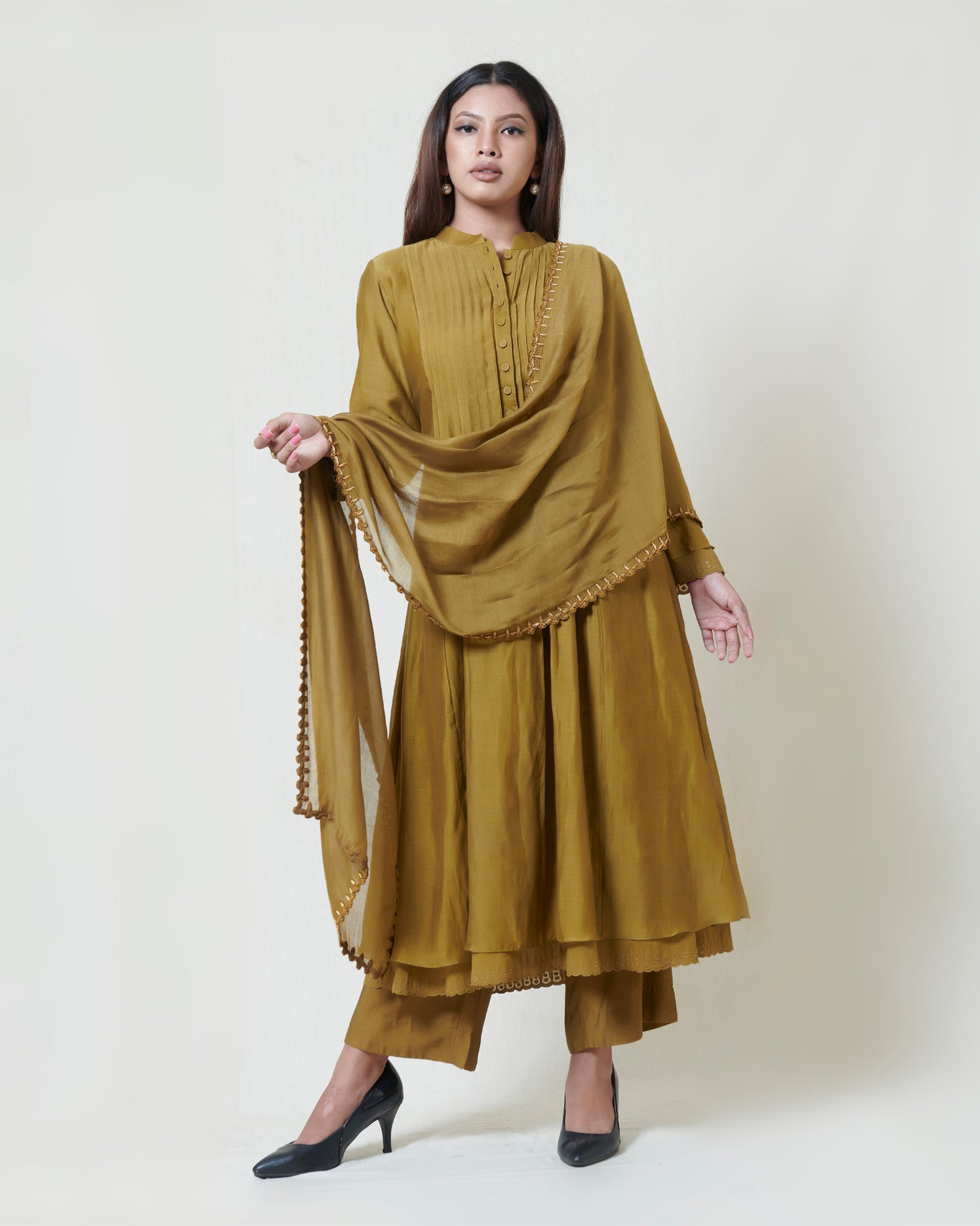 Gold Champange Embroidered Kurta Set