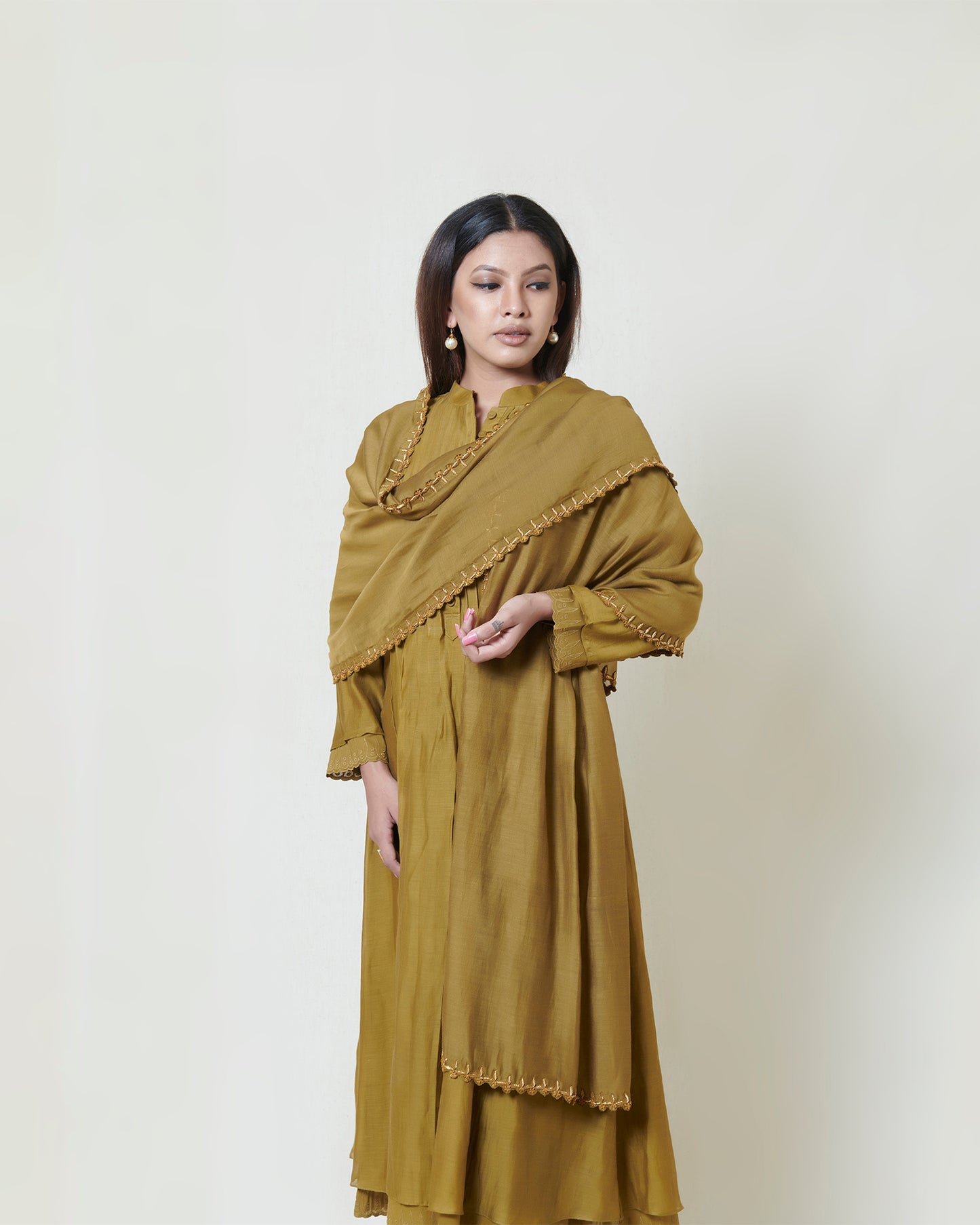 Gold Champange Embroidered Kurta Set