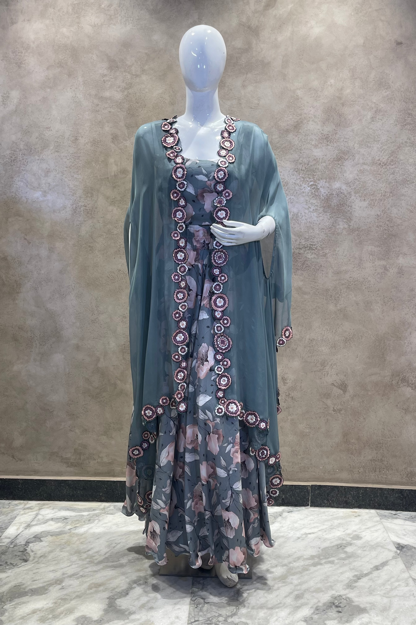 Grey Bloom Printed Cape Set