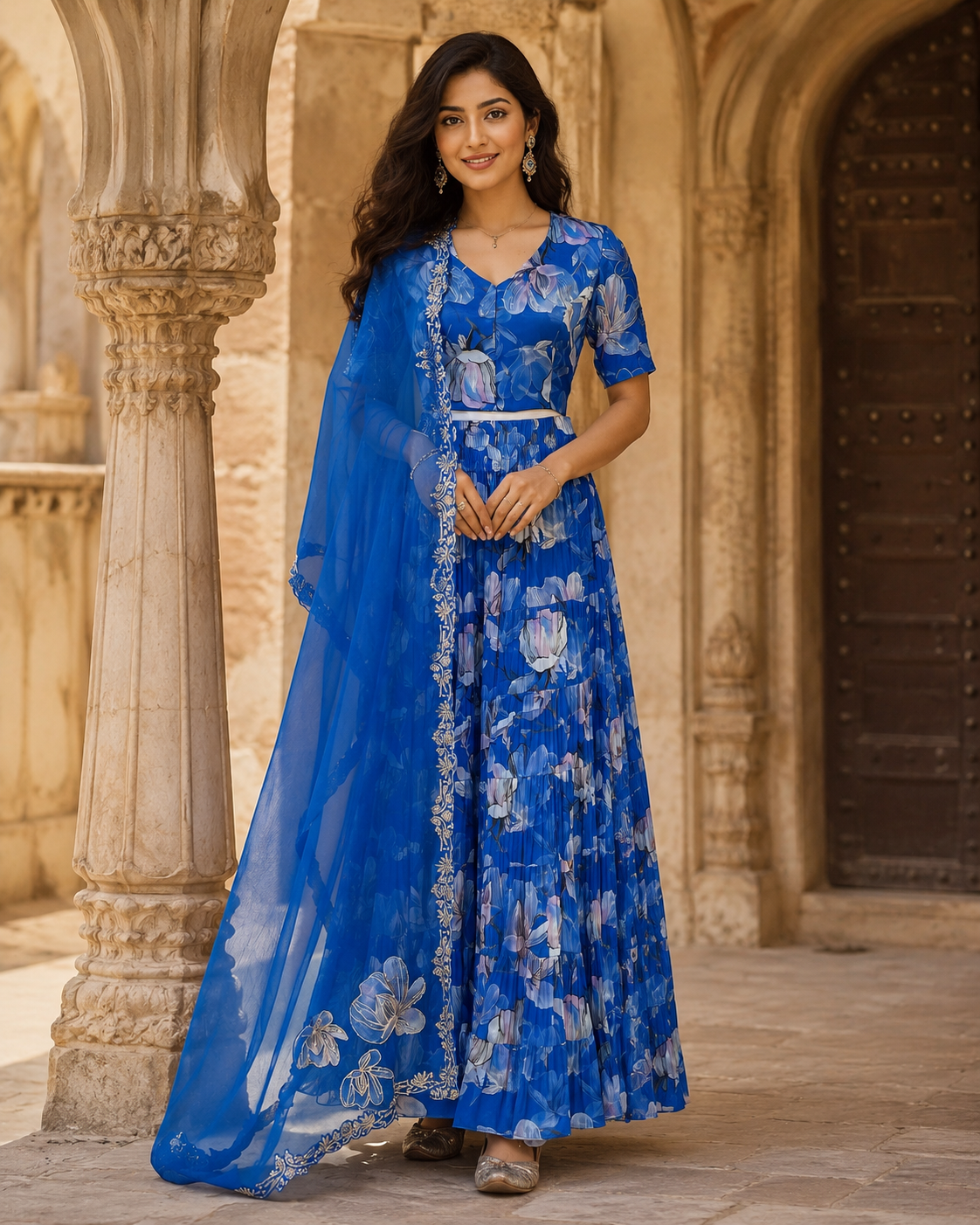 Electric blue floral gazzing skirt set