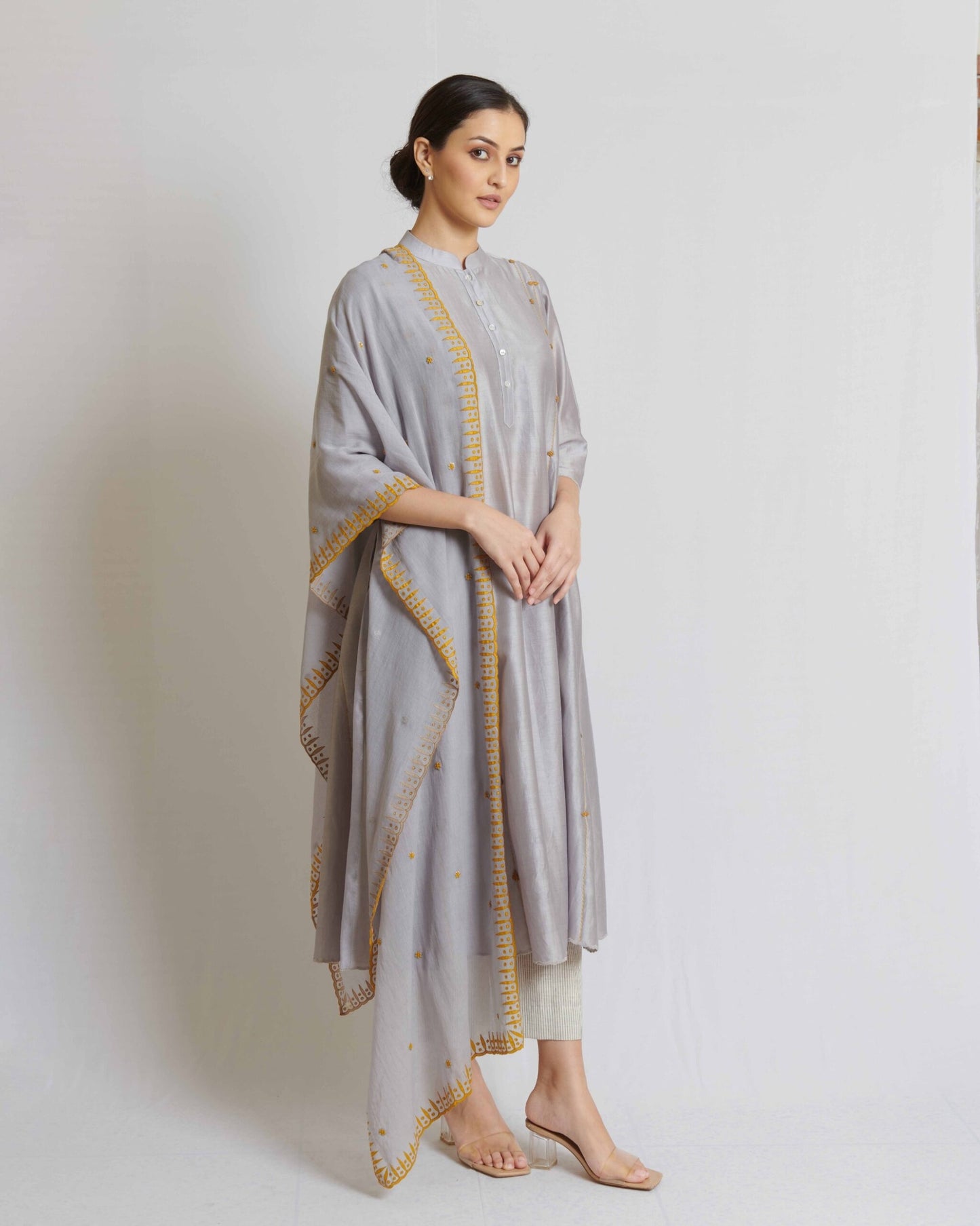 Hand crafted Grey chanderi silk kurta set with dupatta