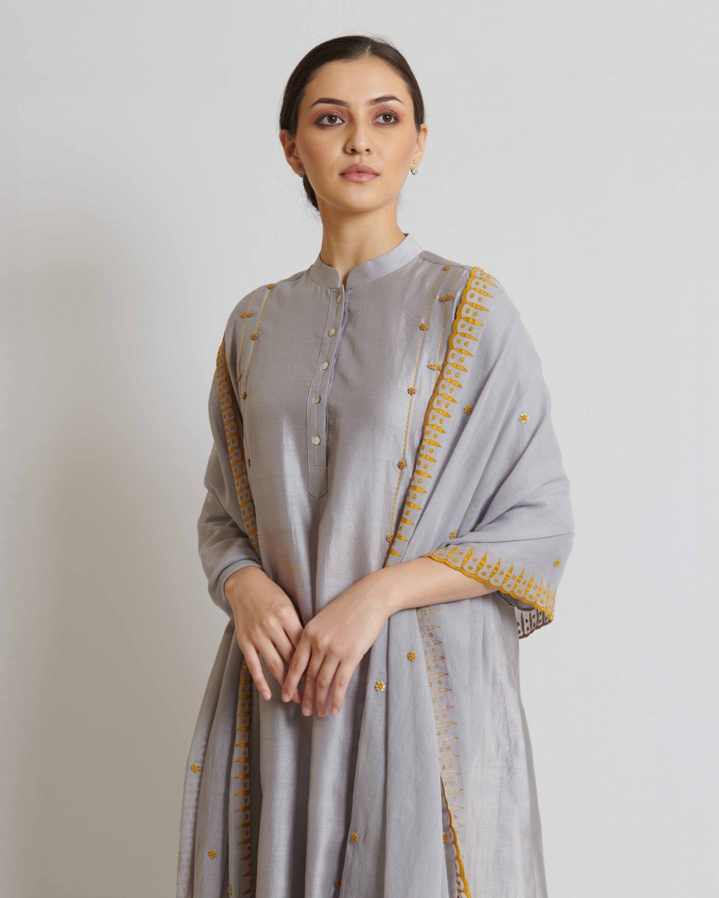 Hand crafted Grey chanderi silk kurta set with dupatta
