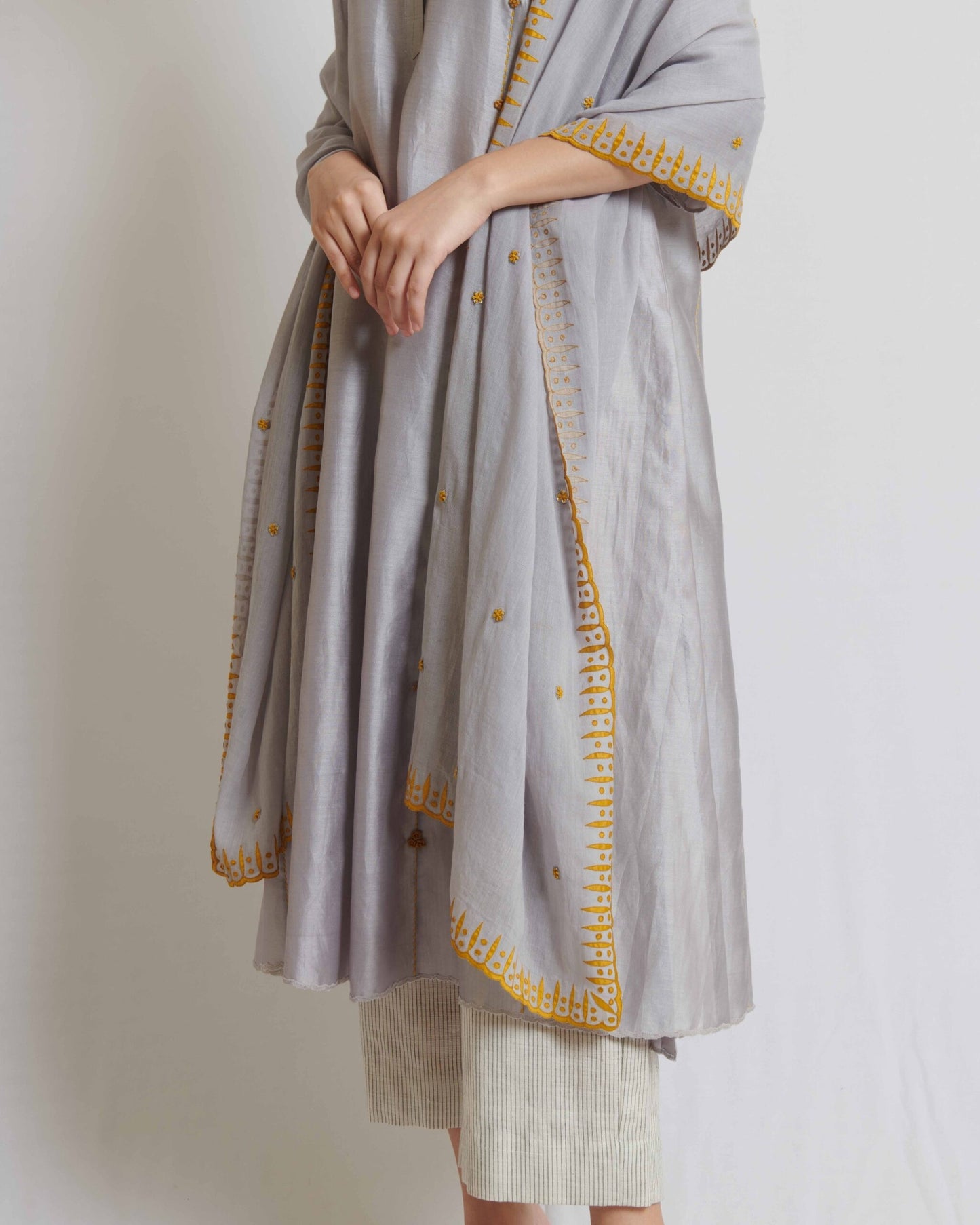 Hand crafted Grey chanderi silk kurta set with dupatta