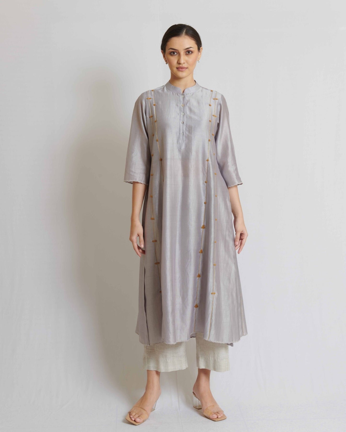 Hand crafted Grey chanderi silk kurta set with dupatta