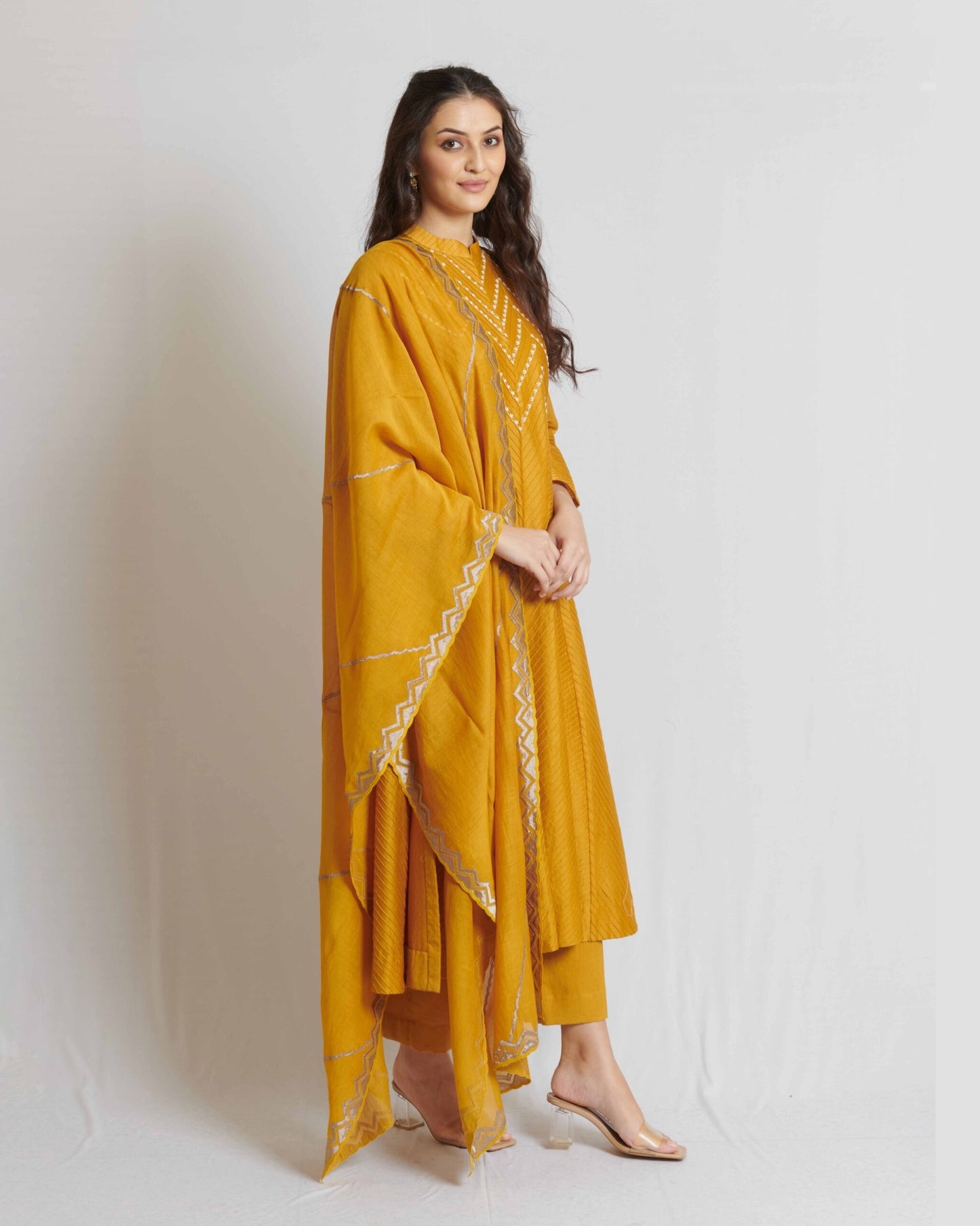 Mustard Yellow Pintuck Chanderi Long Kurta Set