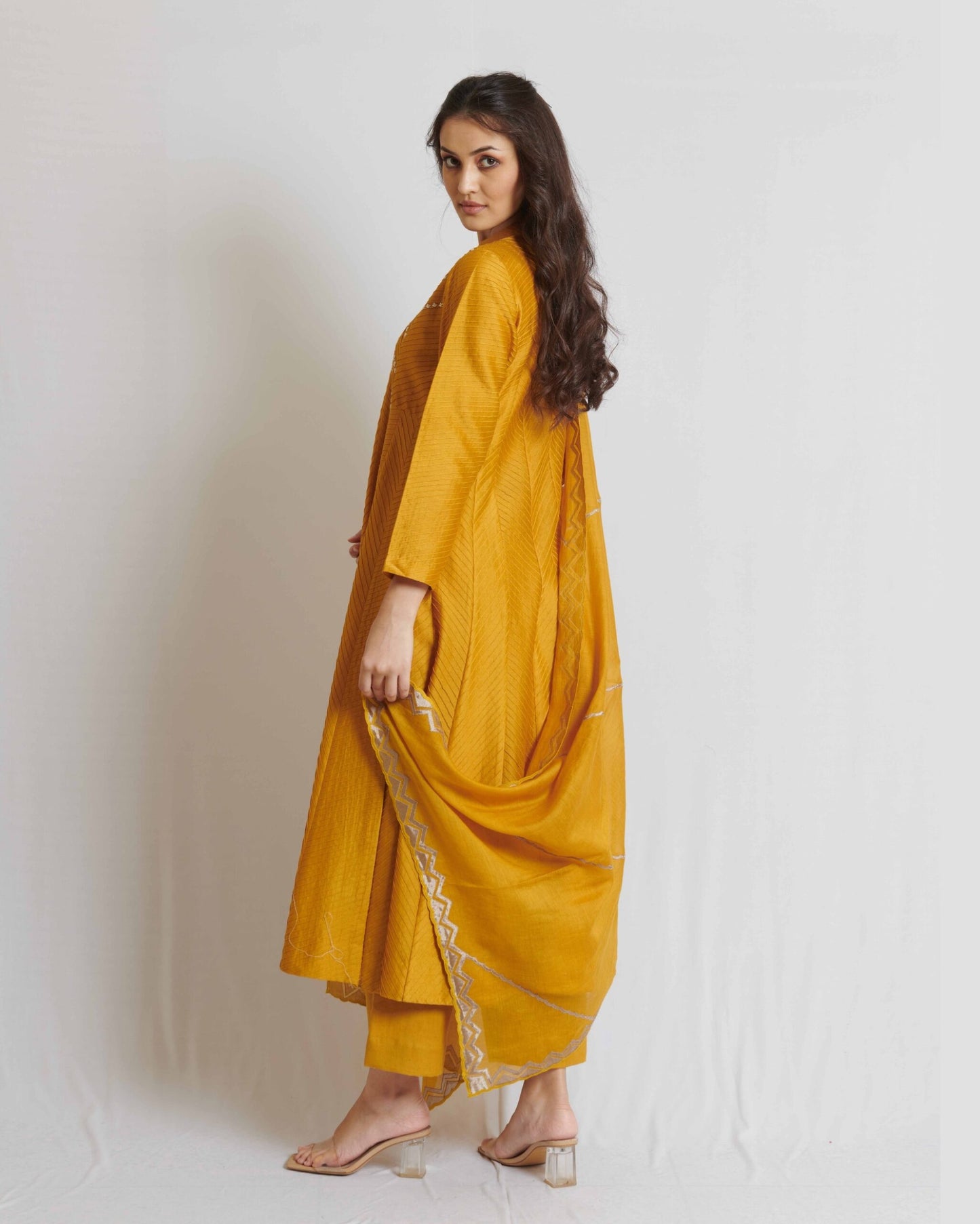 Mustard Yellow Pintuck Chanderi Long Kurta Set