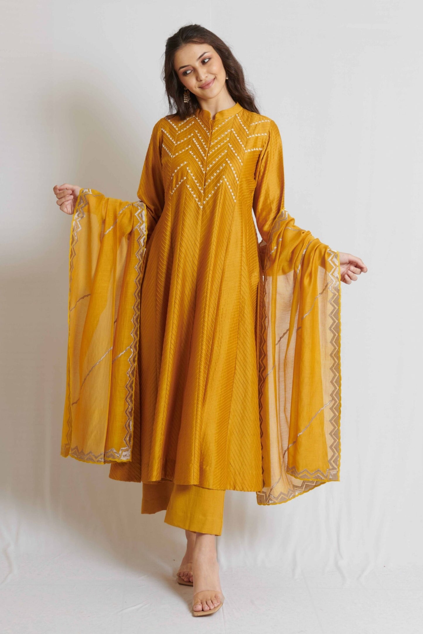 Mustard Yellow Pintuck Chanderi Long Kurta Set