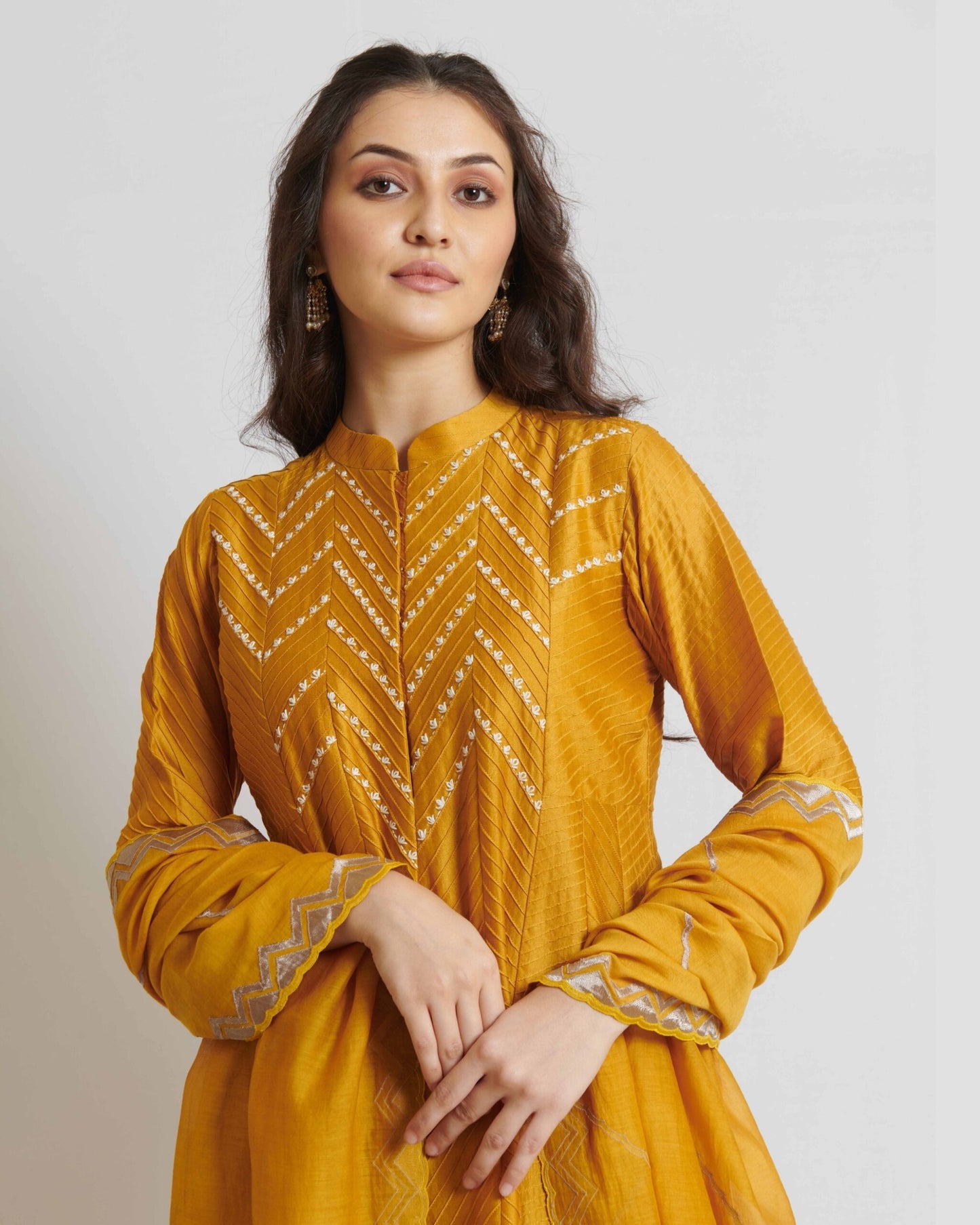 Mustard Yellow Pintuck Chanderi Long Kurta Set
