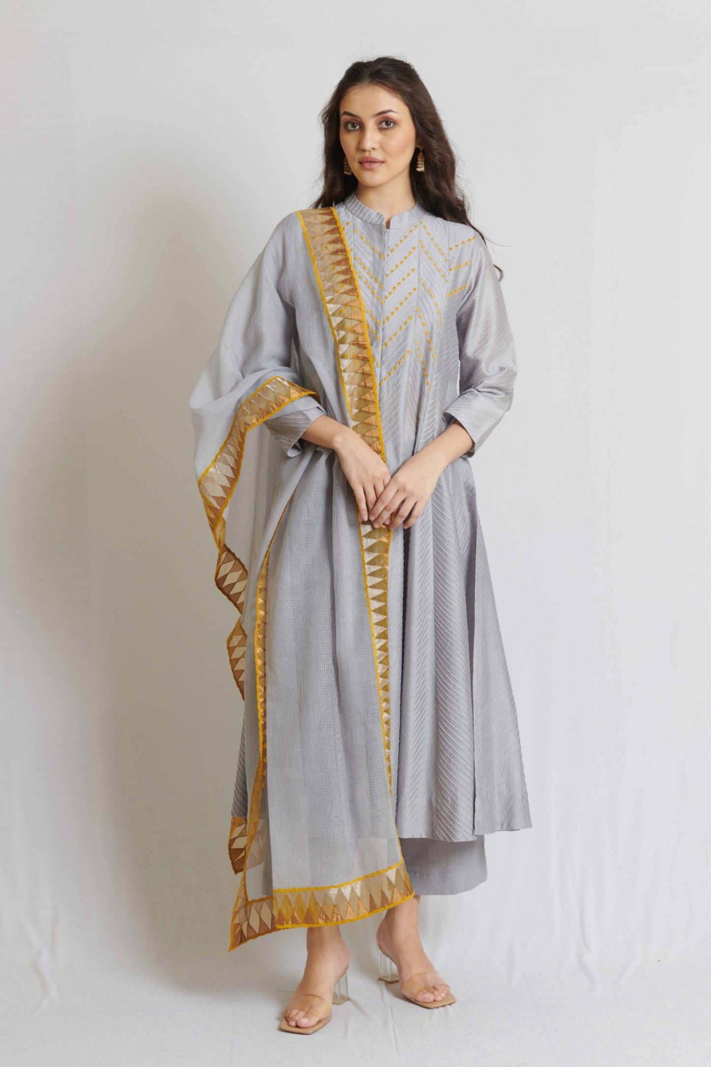 Steel Grey Pintuck Chanderi Long Kurta Set