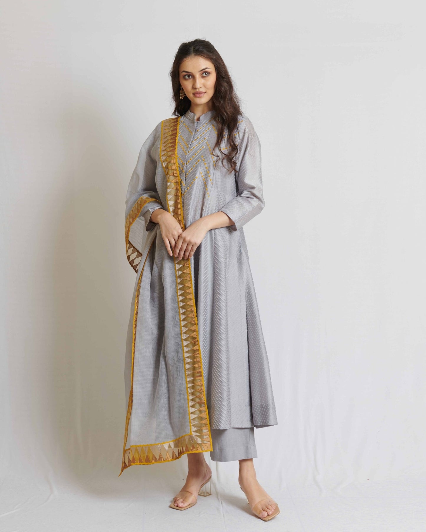 Steel Grey Pintuck Chanderi Long Kurta Set