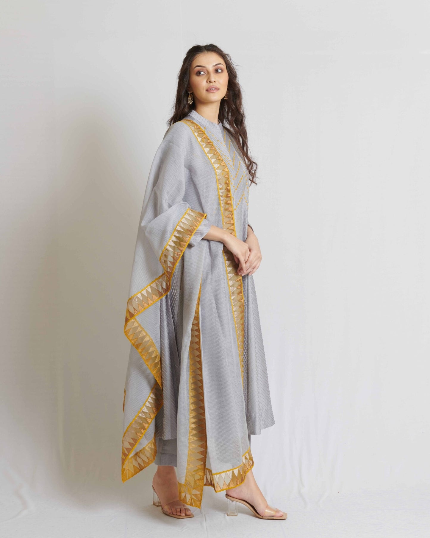 Steel Grey Pintuck Chanderi Long Kurta Set