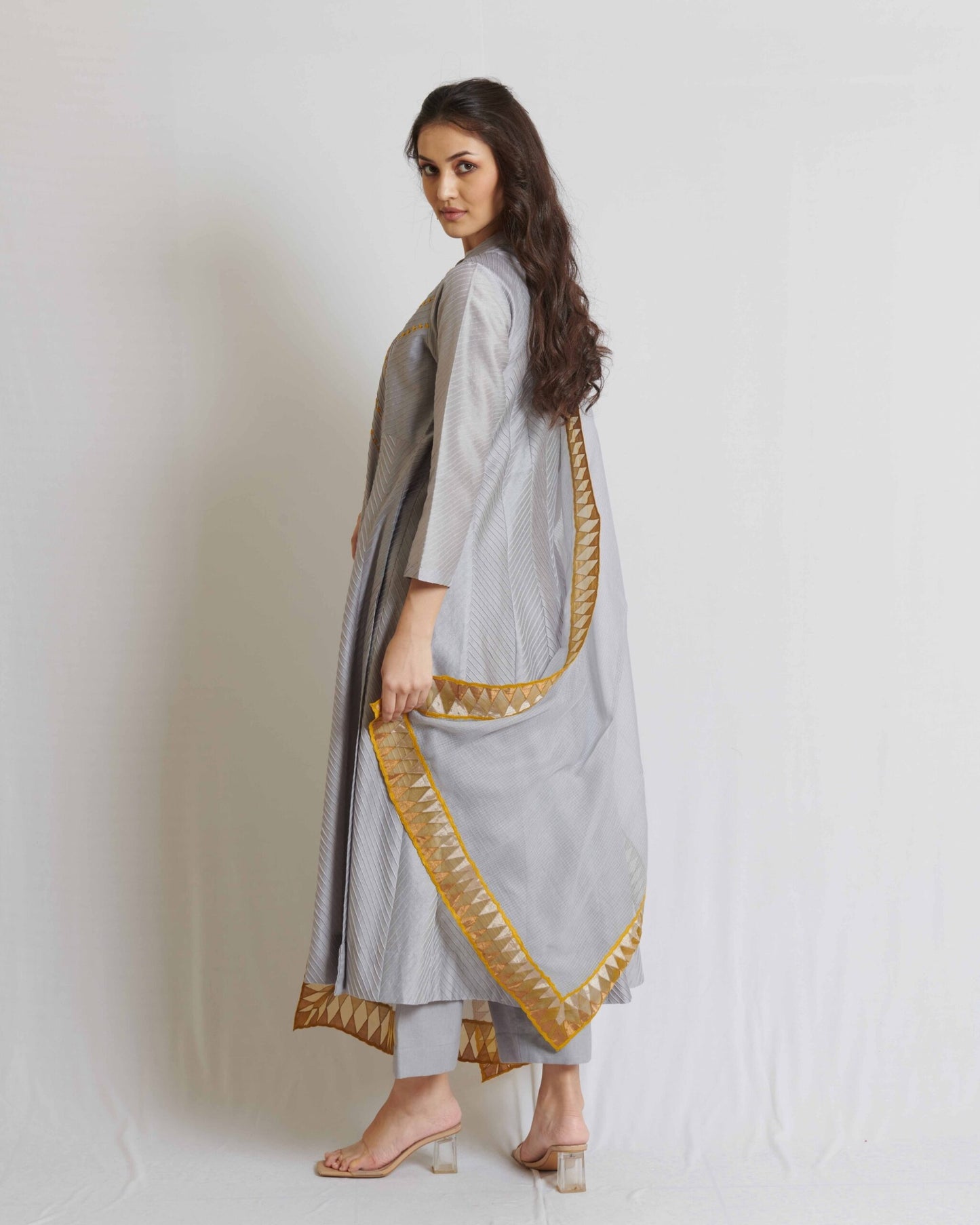 Steel Grey Pintuck Chanderi Long Kurta Set