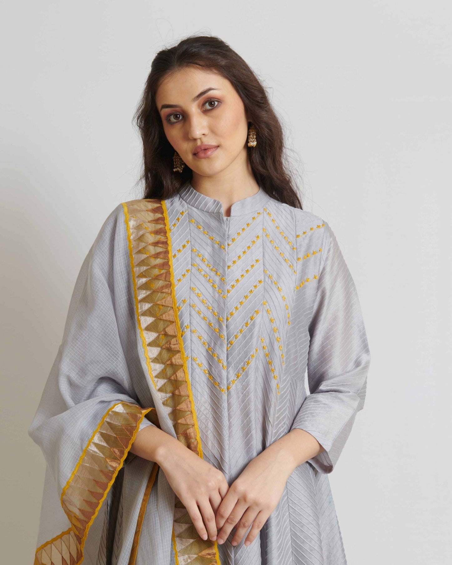 Steel Grey Pintuck Chanderi Long Kurta Set